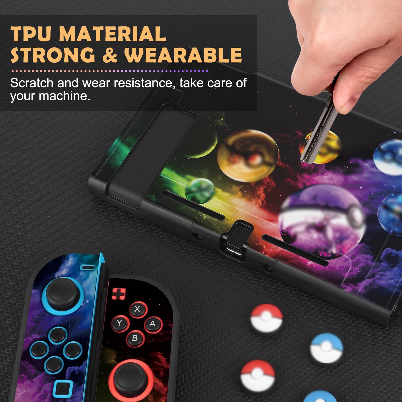 DLseego Coque Compatible avec la Switch, Étuis de Protection en TPU Souple pour la Switch, avec 2 Housses Souples pour Le Joycon et 4 Thumb Grip Caps,éléments de Jeux Anime, Boules d'elfes
