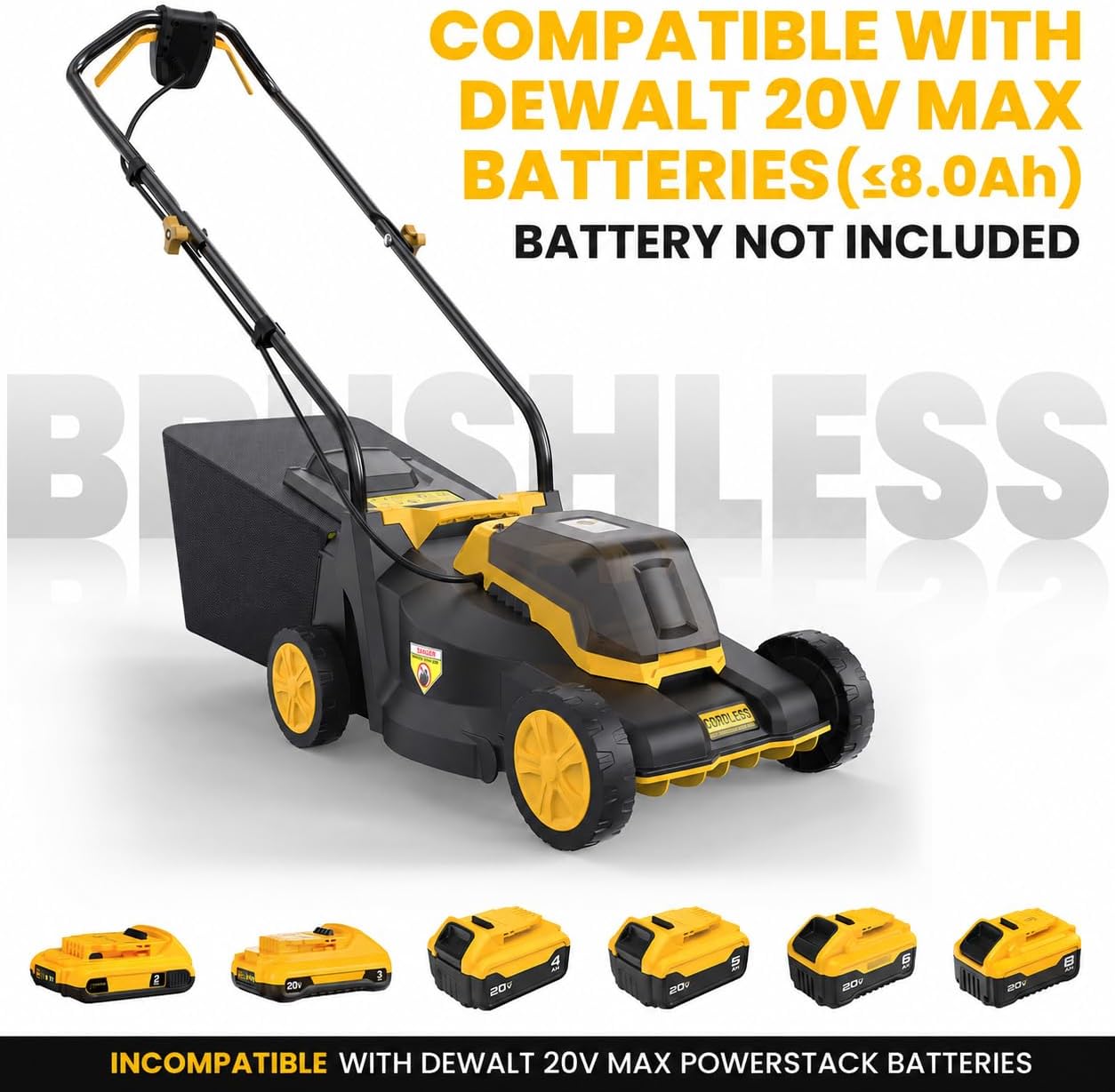20V 14'' Cordless Lawn Mower, Compatible with DEWALT 20V MAX Battery (No Battery), Electric Lawn Mower with 3-Height Adjustment, up to 3800 RPM Brushless Motor, Ideal for Small Space