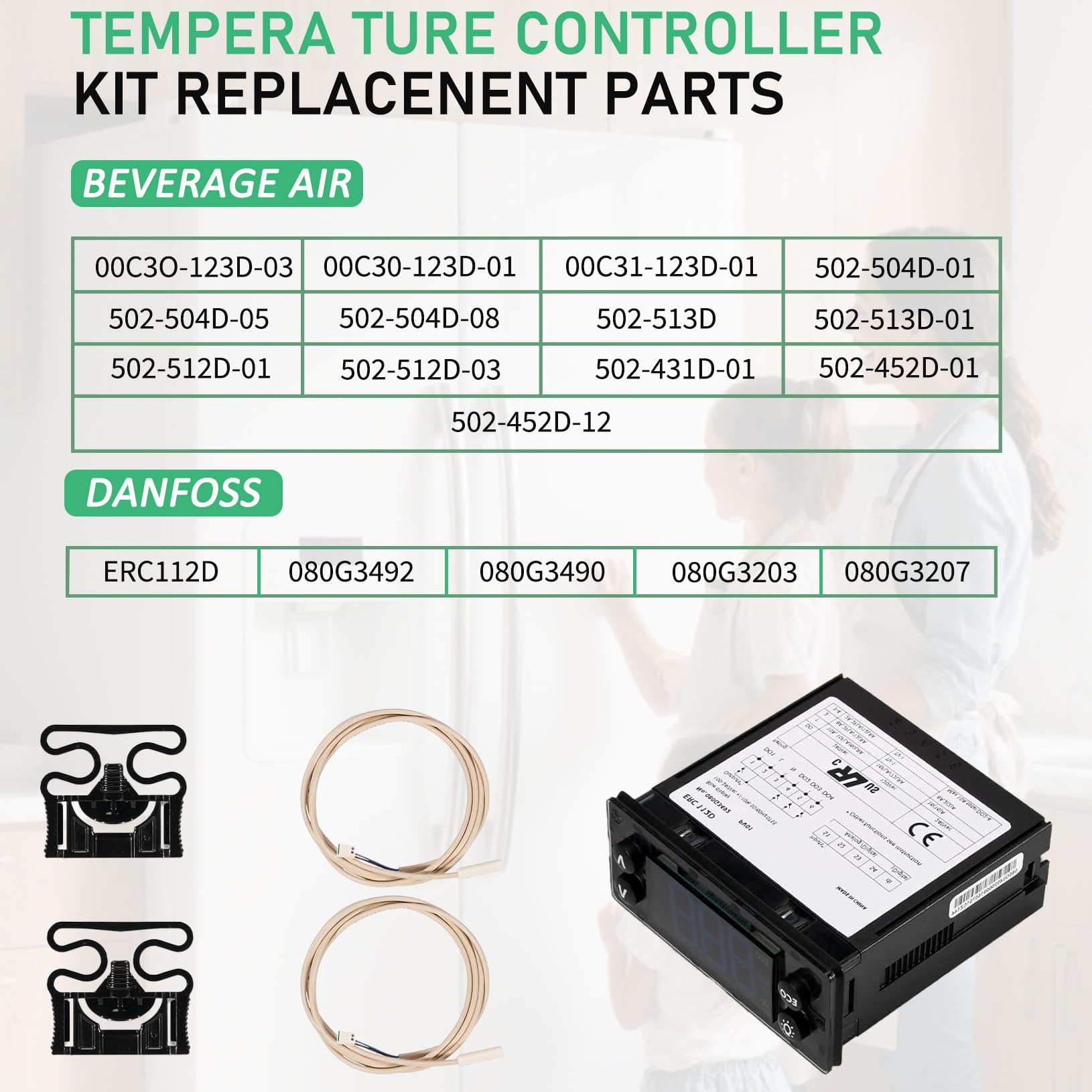Kit de controlador de temperatura ERC112D 080G3492 080G3490 termostato digital controlador electrónico de refrigeración apto para Danfoss Beverage Air Dixell Eliwell, con sondas de sensor NTC