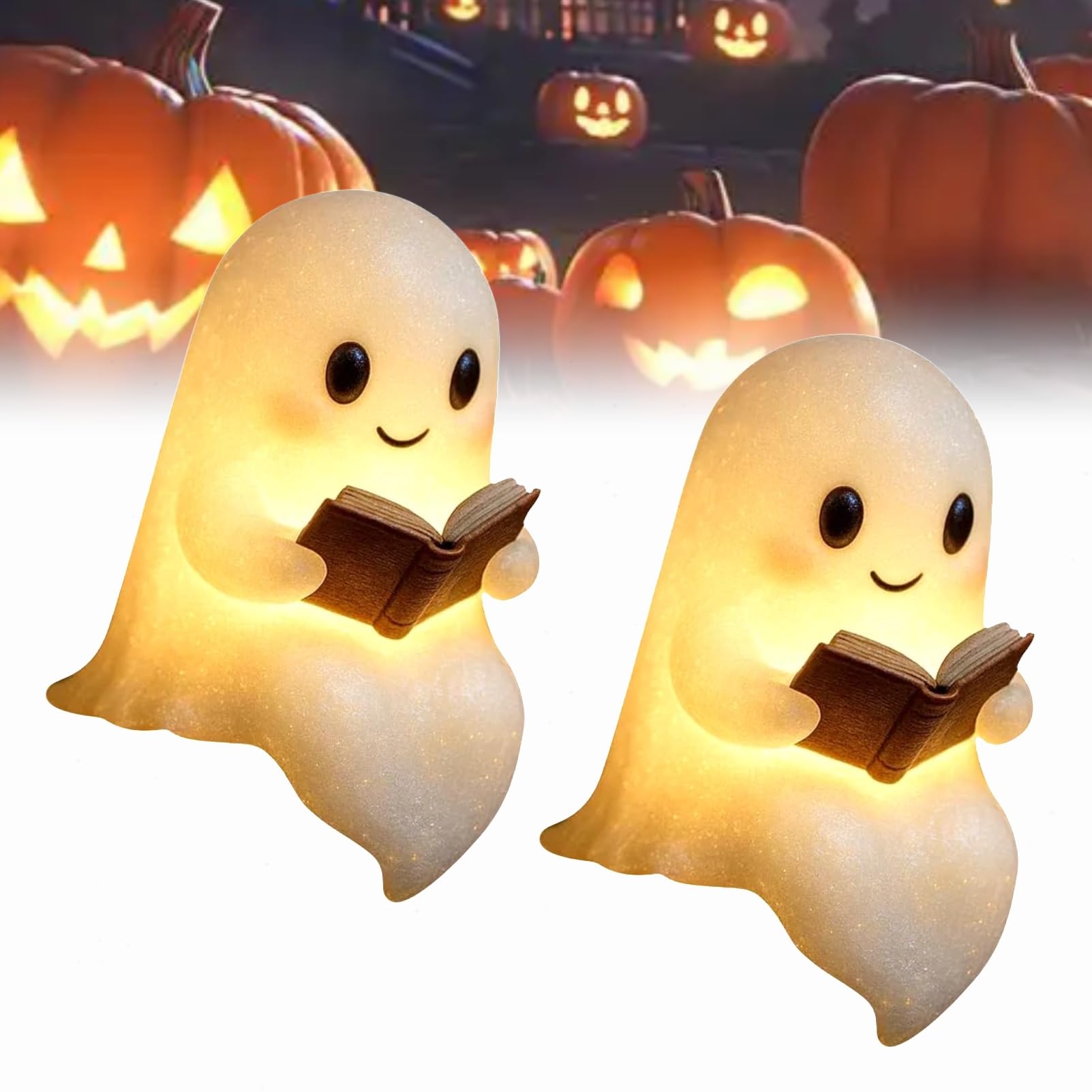 Dewppxi Cute Ghost Reading Book Lamp, Halloween Ghost Reading Night Lamp, 3D LED Ghosts Night Light, Ghosts Statue Night Lights, Halloween Decor for Readers and Book Lover (8.6 inch-2pcs)