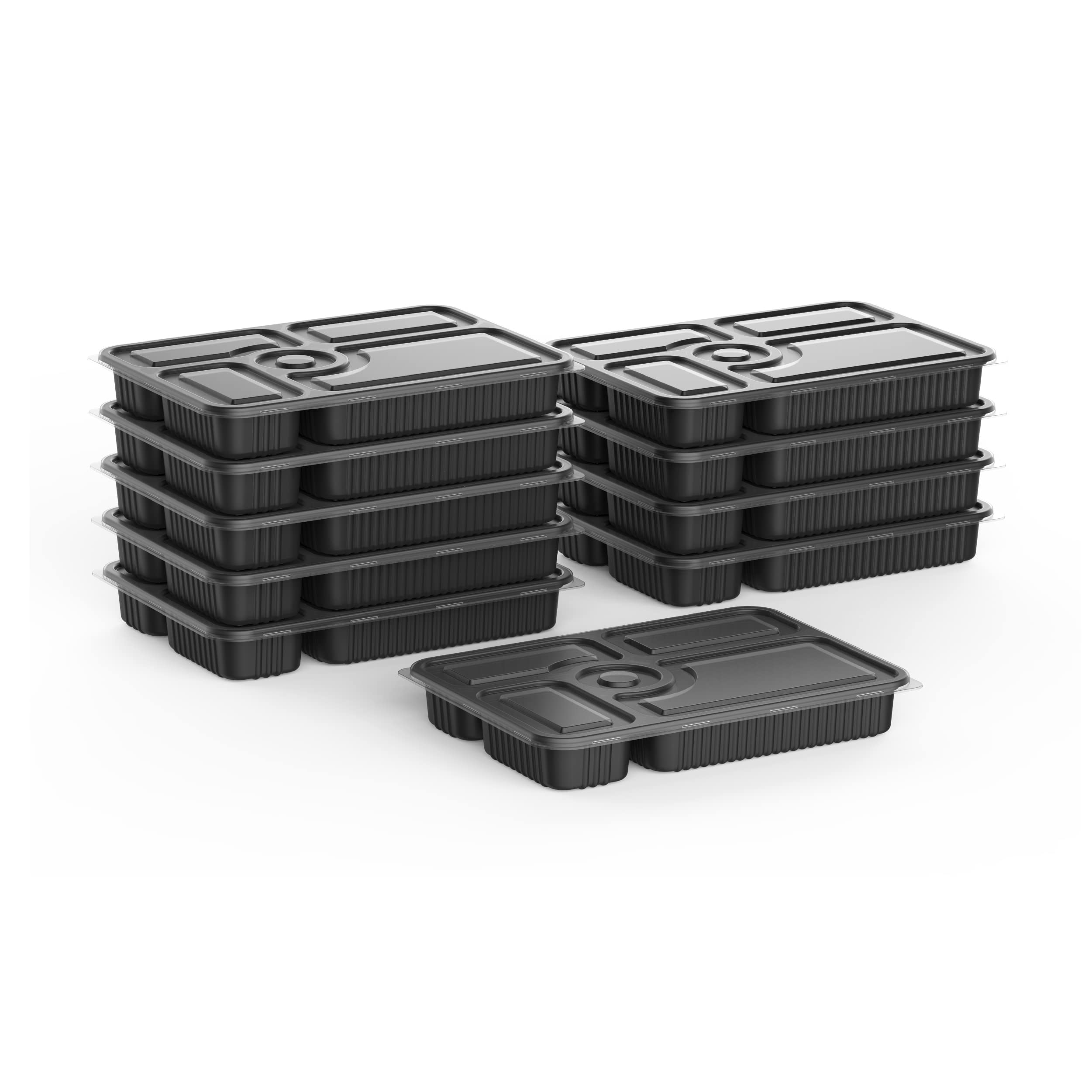 Cosmoplast 5 Compartments Pack Of 10 Black Meal Containers With Clear Lids, Trmtc5Wlppbs10, Microwave Container