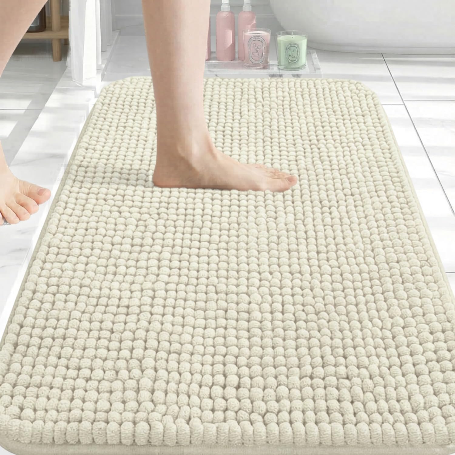 Hafaa Bath Mat Non Slip Anti Mould – Cream Chenille Bathroom Mat 60 x 90 cm Machine Washable Bath mats Super Absorbent Extra Soft Fluffy Shower mat