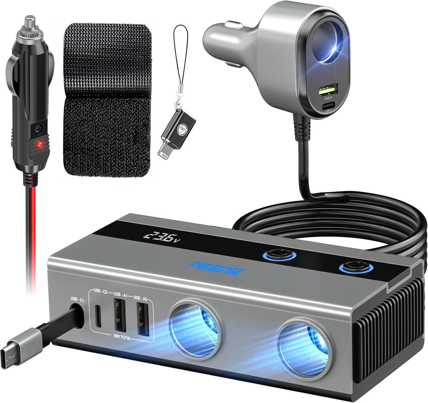 FARSENSE 9 in 1 Cigarette Lighter Splitter,12V/24V Car Charger Adapter with RetractableType-C Cable,3 Socket Expander,5 USB Ports,Independent Switches,Voltage Display,3.3FT Cord for Truck RV SUV