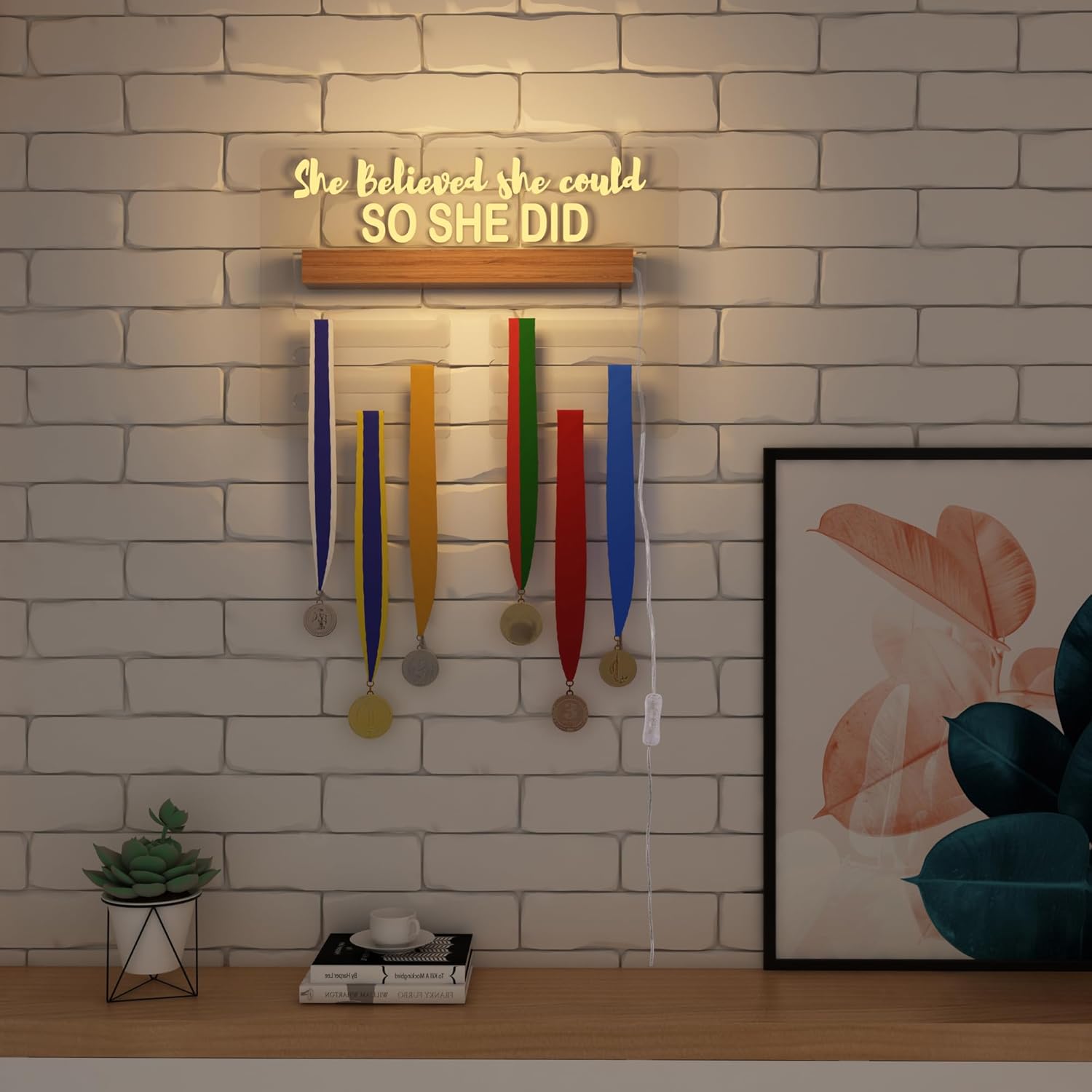 Ammonite Light up Medal Hanger Display, Holder Rack for Awards or Ribbons, Sports Themed Ribbon Holder for Wall, Tiered Award Rack