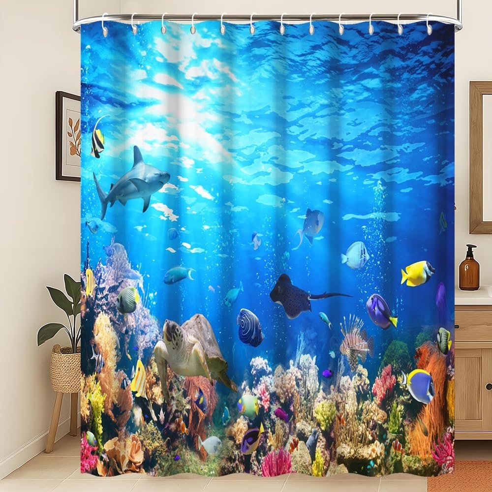 Xiaoterna Marine Life Shower Curtain 3D Under The Sea Ocean Animals Bathroom Curtain Ocean Underwater Fish Dolphin Turtle Shark Washable Shower Curtain Mould And Mildew Resistant Fabric 200x180cm