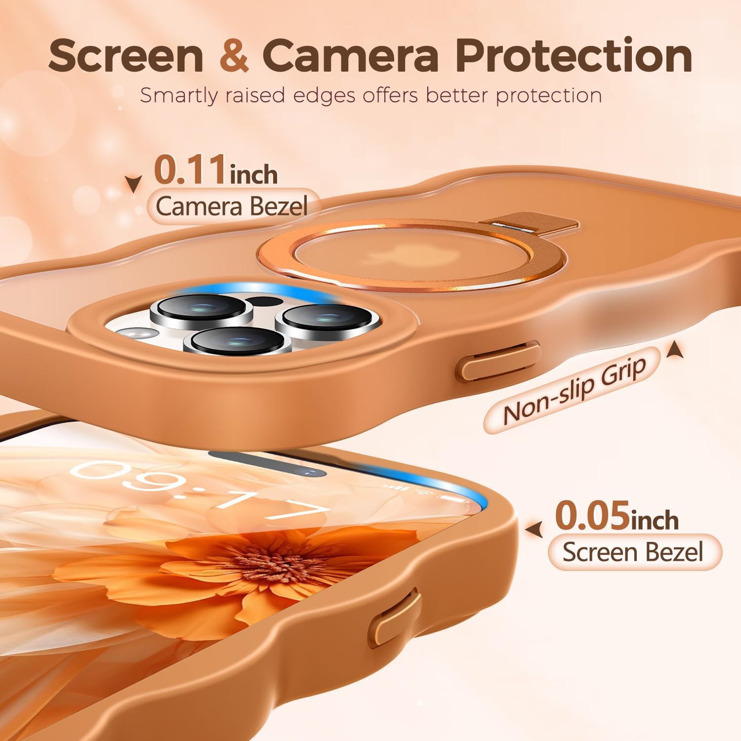 [Cute Wave Frame+Mag Stand] Designed for iPhone 14 Pro Max Case, [Fit for MagSafe] Translucent Silicone Protective Magnetic Ring Phone Case Cover for iPhone 14 Promax 6.7 inch Men Women, Orange image 4