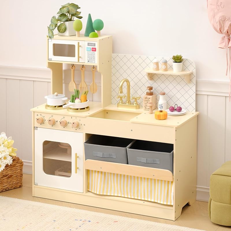 OOOK Wooden Pretend Play Kitchen Set with Storage and Many Play Features | FSC Safety, Toddler Kitchen Playset for Toddlers 3-5, Ideal Gift Choice for Boys and Girls Aged 3+