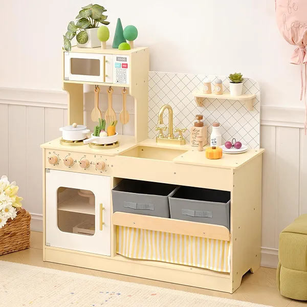 OOOK Wooden Pretend Play Kitchen Set with Storage System, Kids Play Kitchen with Plenty of Play Features, Toddler Kitchen Playset for Toddlers 3-5