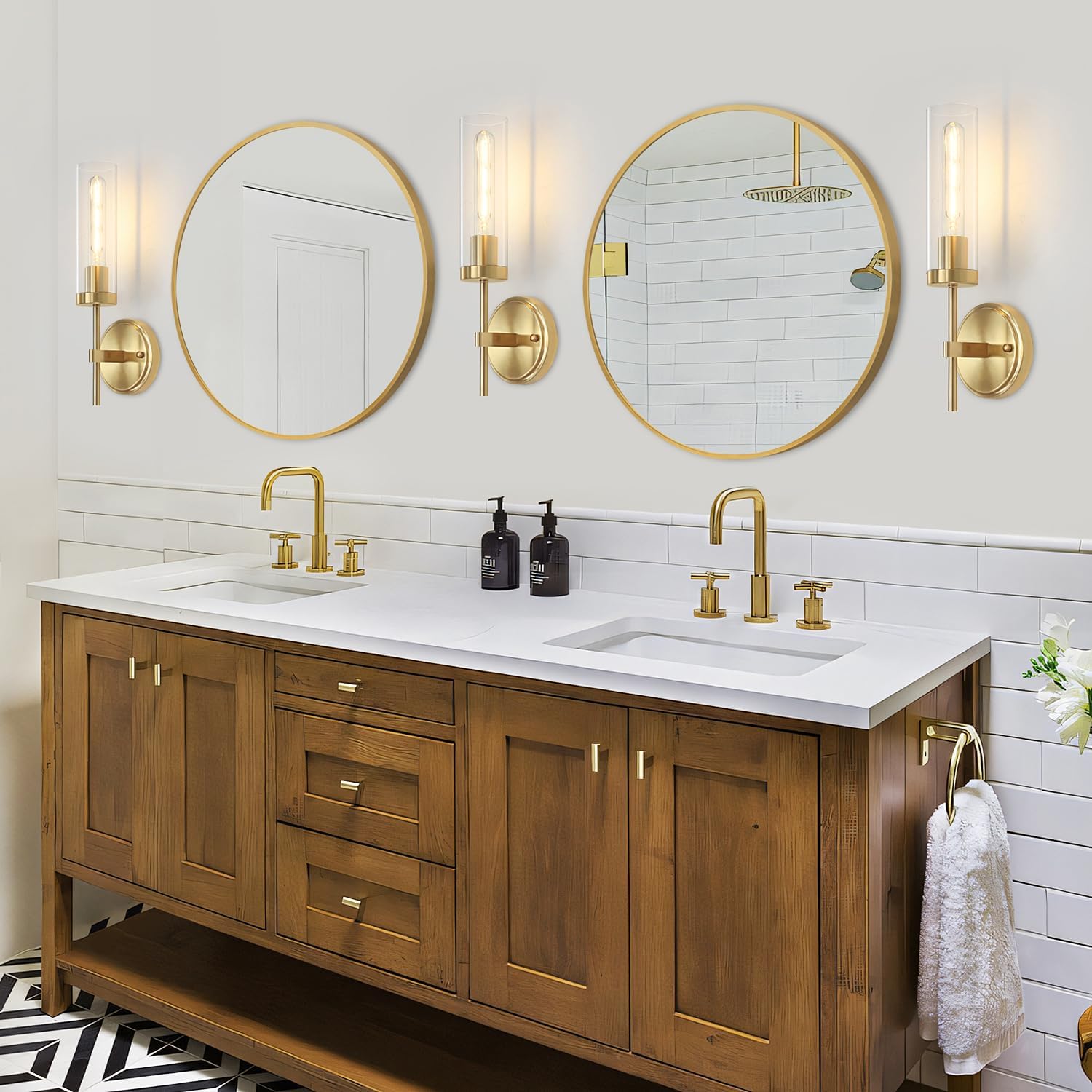 Modern Gold Wall Sconces Set of 2, Hardwired Bathroom Sconces Lighting Vanity Light Fixtures with Clear Glass Shade Wall Mounted Decor Lights for Living Room Mirror Bedroom Hallway Stairway UL-Listed