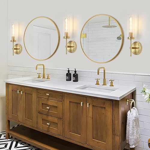 Miniatura 21 de Juego de 2 apliques de pared modernos, luces de tocador de baño negras y doradas con vidrio transparente, juego de 2 apliques de pared con cableado