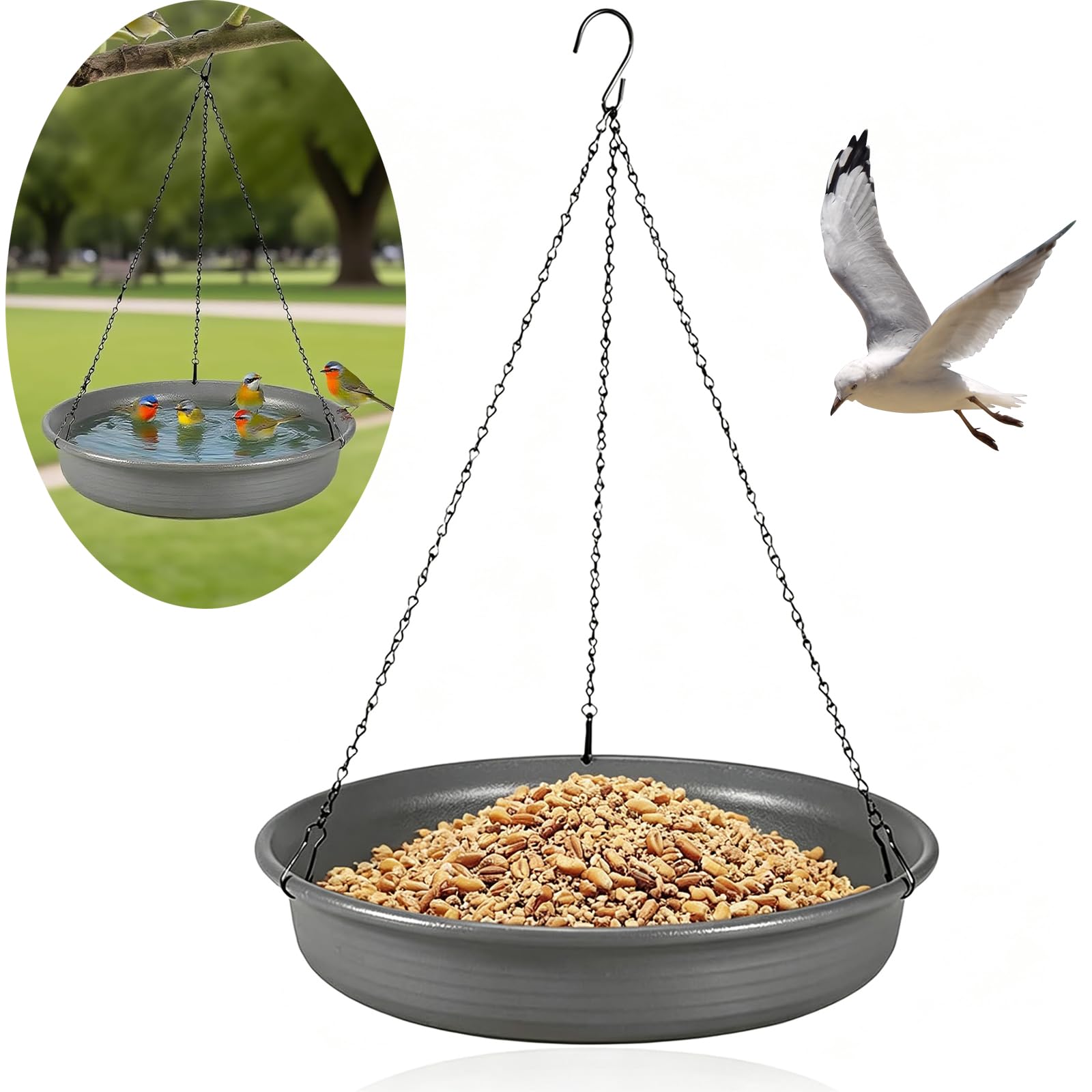 Hanging Bird Bath, Bird Feeder Seed Catcher Tray, NEKOSUKI Wildlife BirdBath Tray Plate Water Bowl with Metal Chain Hook for Outdoors Backyard Garden Patio Decoration, Diameter 9.7IN