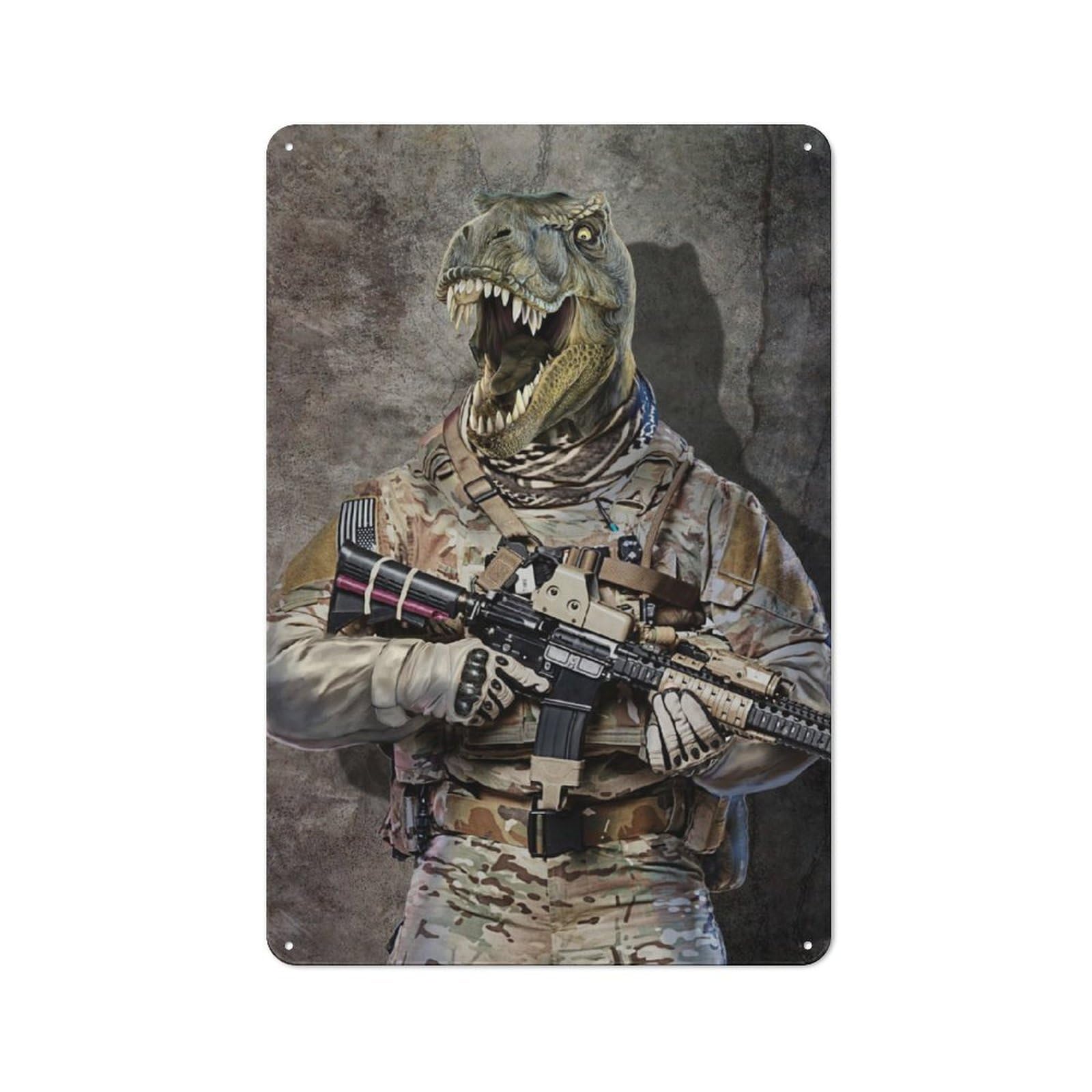 Junmoney Tyrannosaurus Army Soldier Rustic Metal Sign 30X20cm Featuring For Living Room Wall, For Vintage Wall Decor Fans, For Metal Sign Collectors