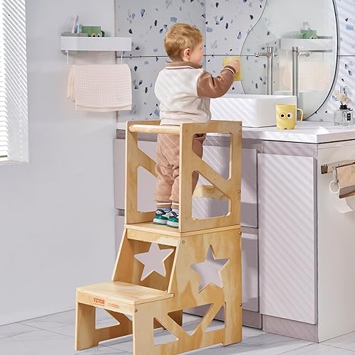 Miniatura 8 de VEVOR Taburete de cocina para niños, taburete de cocina de madera de pino natural con riel de seguridad, capacidad de carga de 150 libras, taburete