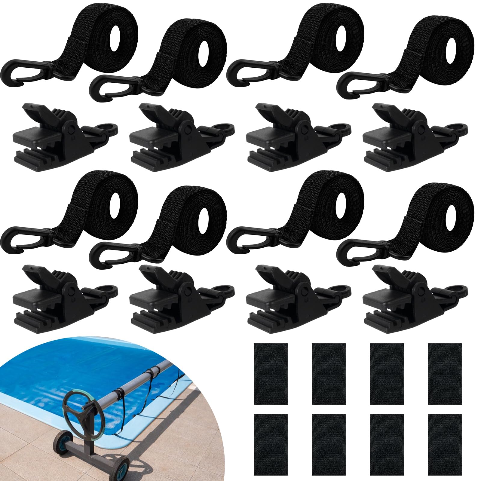 YumSur Enrollador de piscina – Bandas de sujeción – Juego de 8 bandas de fijación y grapas accesorios para sistema de enrollado móvil – Pantalla solar móvil para lonas de piscina, cubiertas