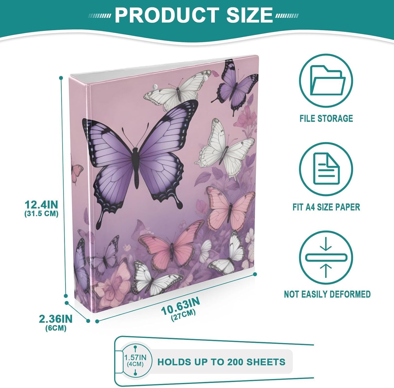 Purple Butterflies 3 Ring Binder 1 Pack for 8.5" x 11" Paper 200 Sheets Capacity for Office Document Organizer Protector