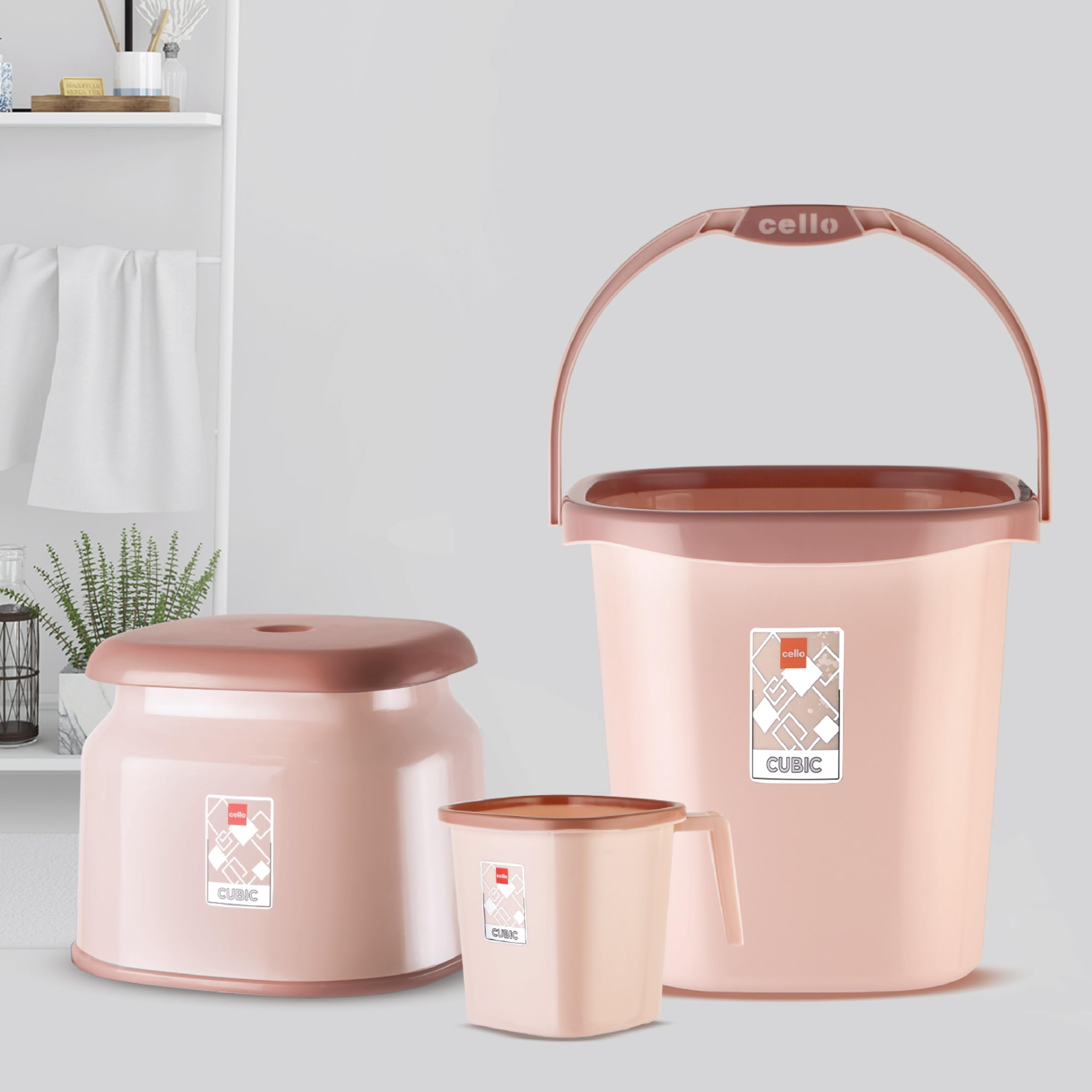 Cello Cubic Bathroom Set | Sturdy and Durable | Cubic Set (Bucket 18 L + Stool + Mug 1.5 L) | Lightweight and Rigid | Easy to Clean and Attractive Design | Set of 3 | Light Brown (B0CYH1R59H) Amazon Price History, Amazon Price Tracker