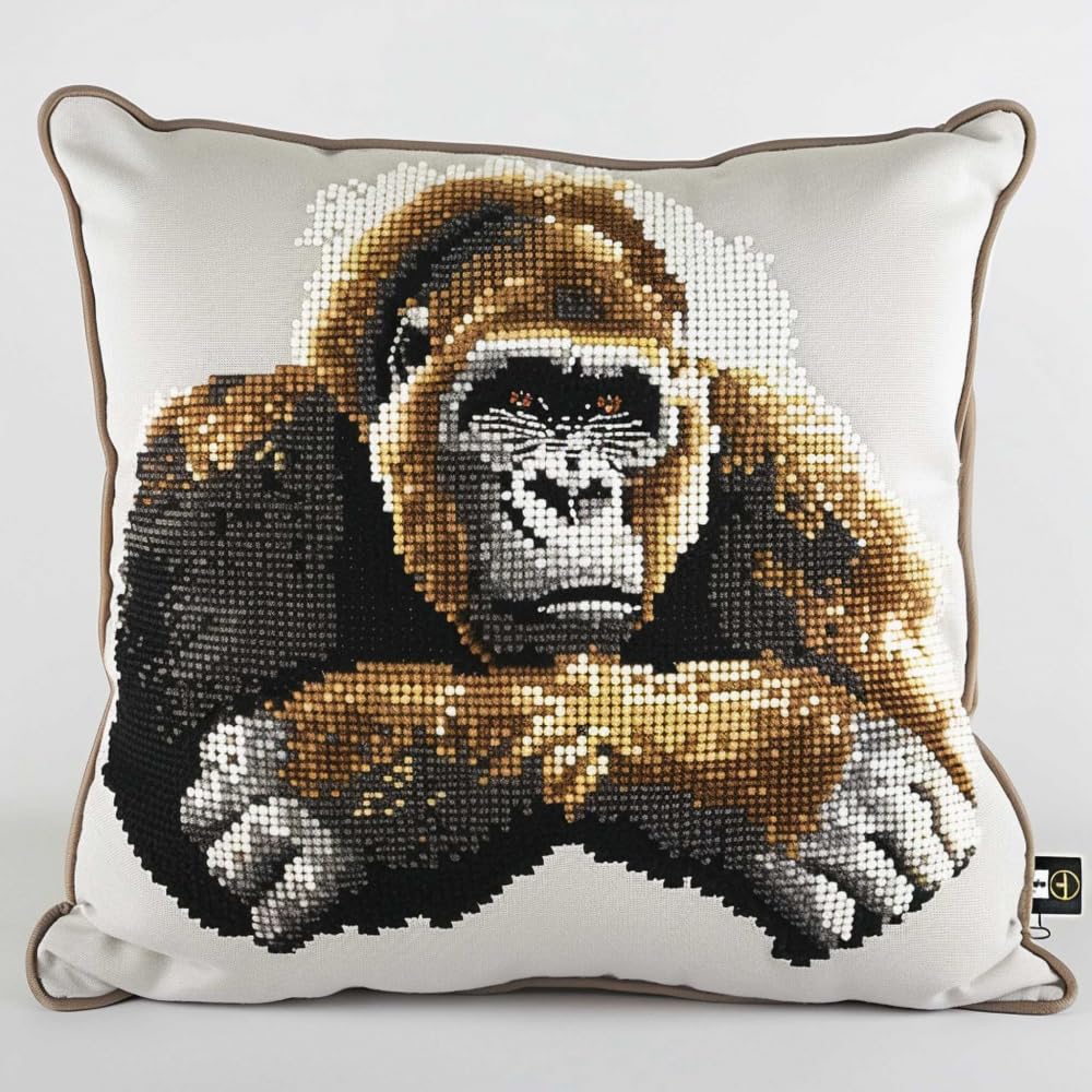 RKFLGEW Cushion Making Kit Gorilla Animal DIY Latch Hook Kits Pillow Printed Cushion Crochet Yarn Embroidery Needlework Craft Embroidery Kit 43x43cm