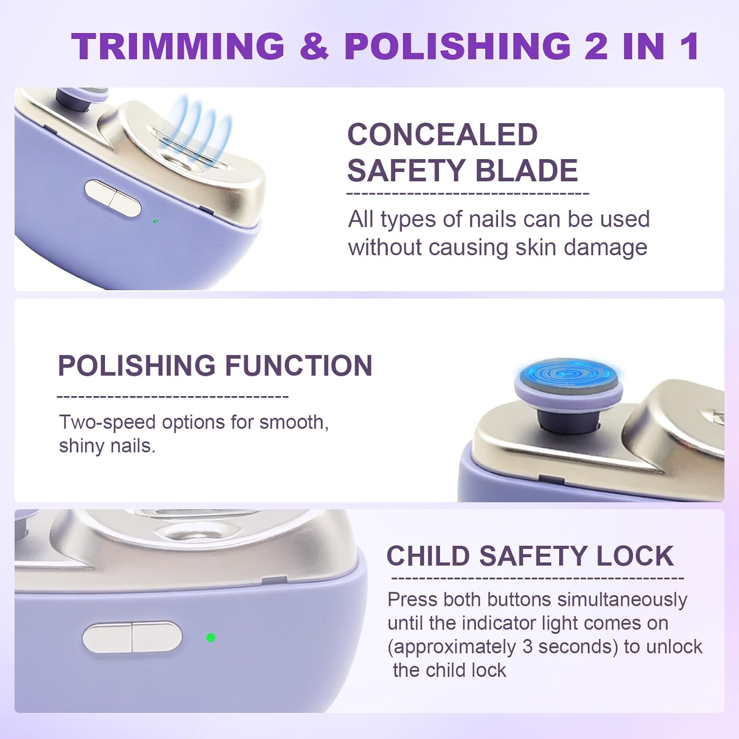 Electric Nail Clipper, 2 in 1 Electric Nail Clippers for Seniors and Adults, Baby Automatic Nail Clipper with Polishing, Light & Storage, Smart Nail Clipper 2-Speed for Fingernail (Purple)