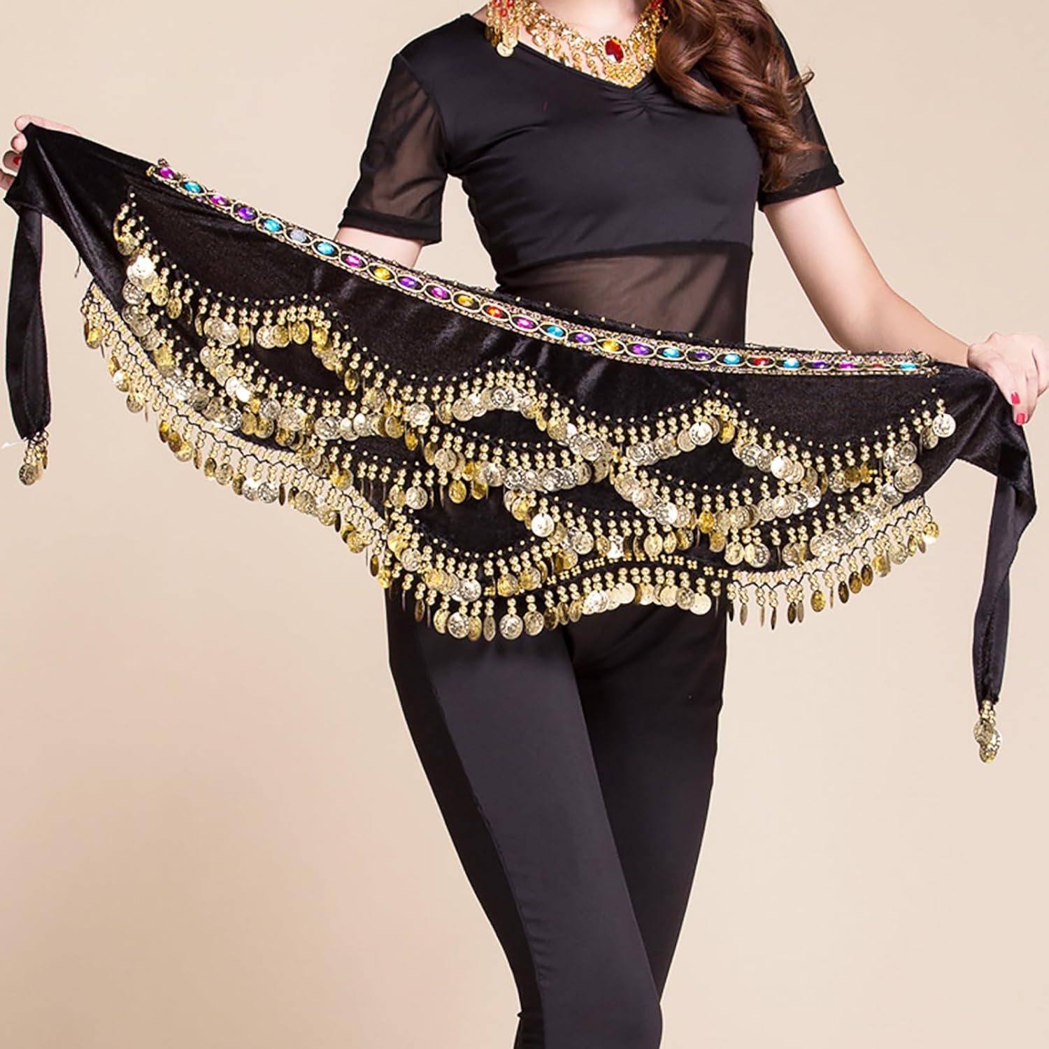 Wuchieal Women's Triangular Belly Dancing Hip Scarf Wrap Skirt with Gold Coins - Image 4