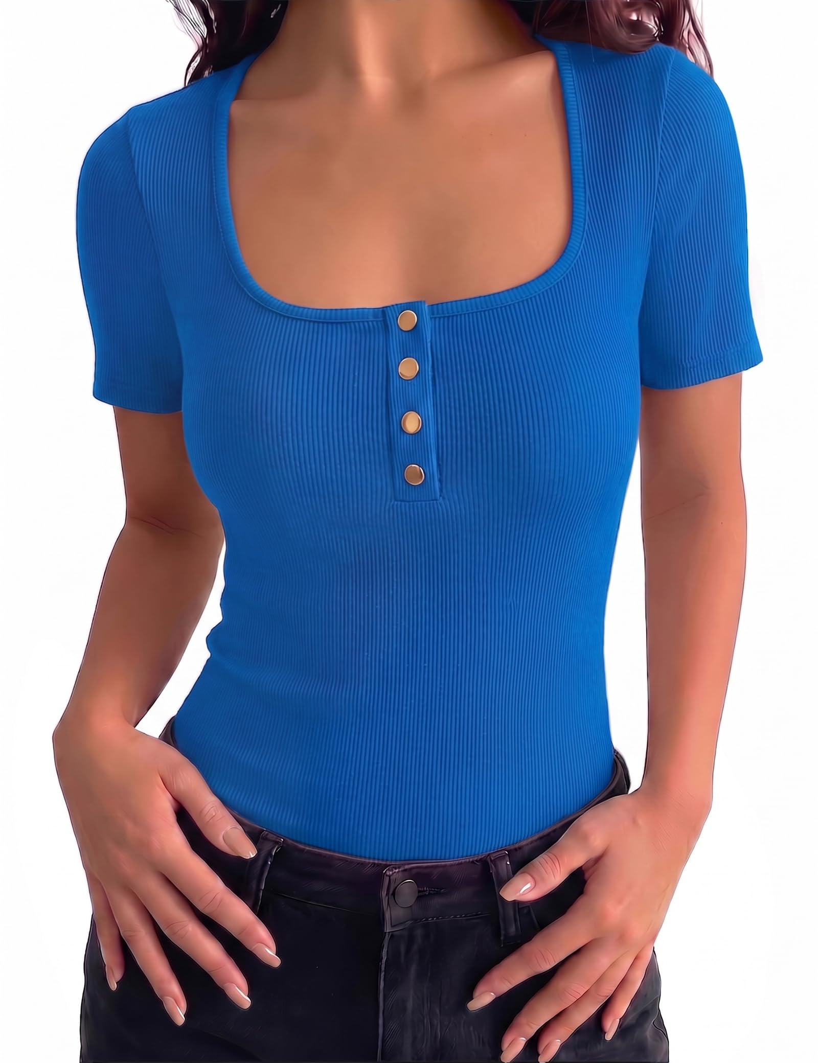 Gyabnw Damen Shirt Kurzarm V-Ausschnitt Knöpfen Sommer Basic Top Bluse Elegantes Tshirt Rippshirt Casual Oberteile