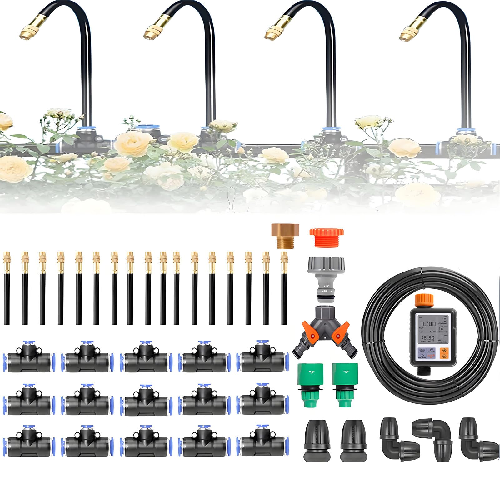 Siste-ma di Irrigazione da Giardino Pieghevole a 360°, Kit di Sist-ema di Irrigazione Intelligente Completamente Automatico, Ugello Pieghevole Regolabile in Rame,30m/98.4ft