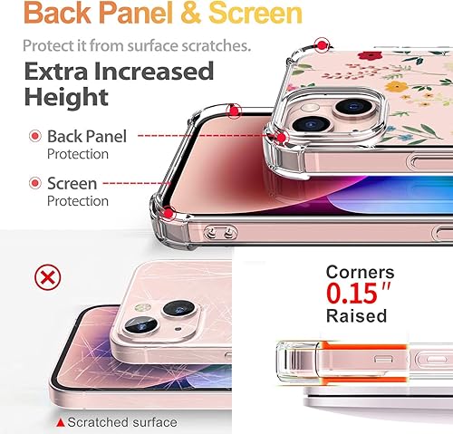 Miniatura 4 de YOYORI Funda compatible con iPhone 15 con protector de pantalla, diseño de patrón de flores, funda transparente floral para mujer, a prueba de