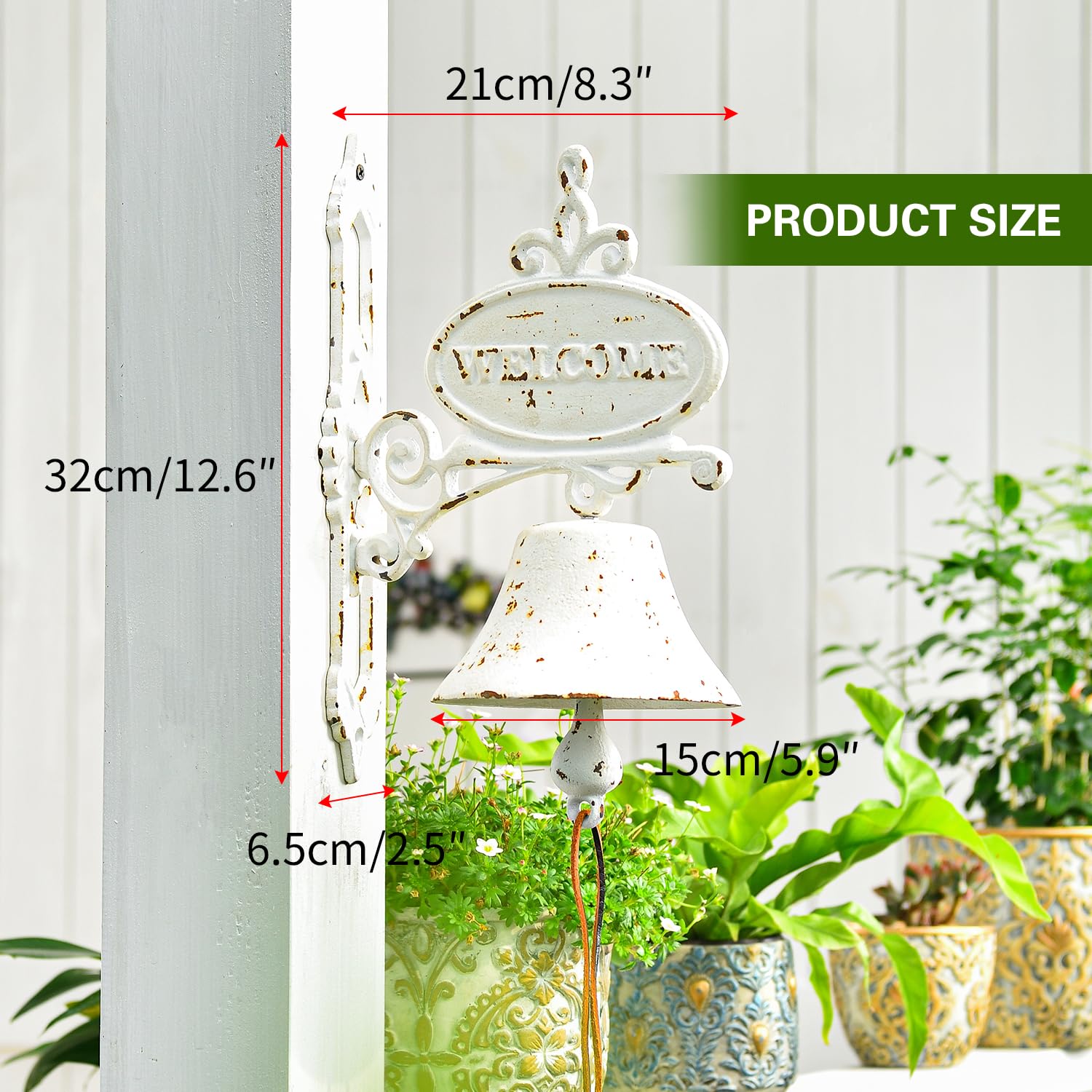 Sungmor Campana de Cena de Hierro Fundido rústico Blanco para Colgar en la Pared, Campana de Puerta Exterior, Timbre Decorativo, Campana de Cena montada en la Pared para Interiores y Exteriores