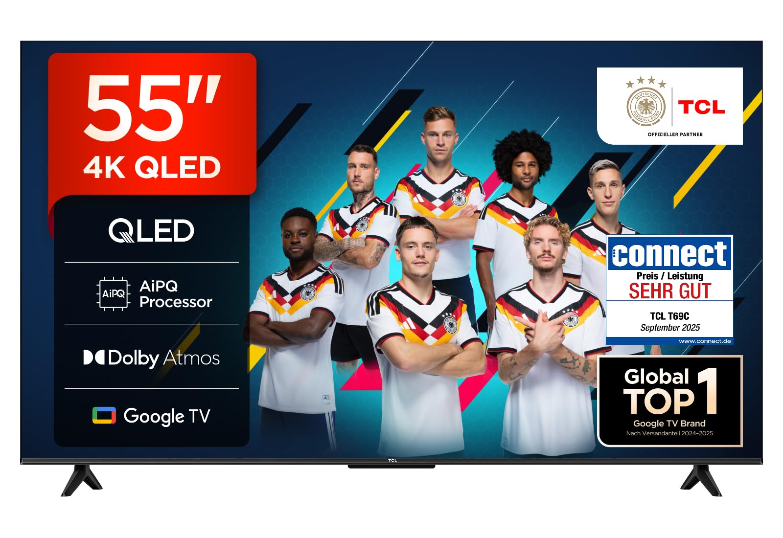 TCL 55T69C 55 Zoll QLED, Direct LED TV, 4K HDR TV, Smart Google TV (Dolby Vision & Atmos, Game Master, Motion Clarity, Kompatibel mit Google Assistant & Alexa)