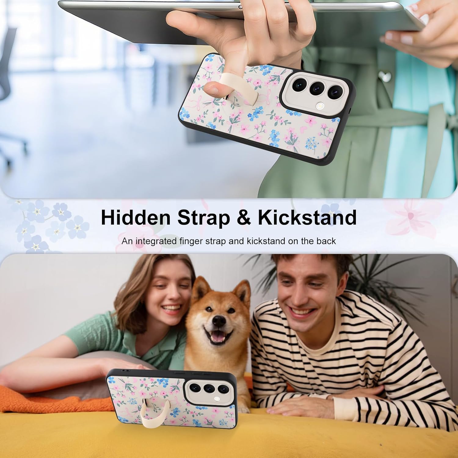 for Samsung Galaxy S25 Case, Finger Strap Kickstand[Compatible with MagSafe] Cute Pink Flower Heart Bowknot Print for Women Girls, Full Camera Protection Aesthetic Shockproof TPU,White