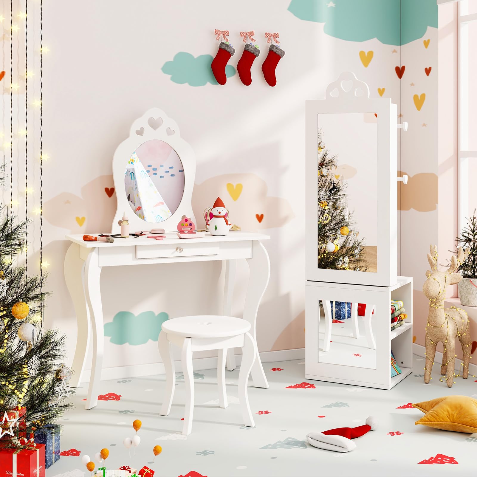 GOPLUS Armario de Joyería para Niños con Espejo de Cuerpo Entero, Organizador de Joyería Infantil de Pie con Perchero, Sistema Antivuelco, Armario de Joyería Princesa para Dormitorio (Blanco)