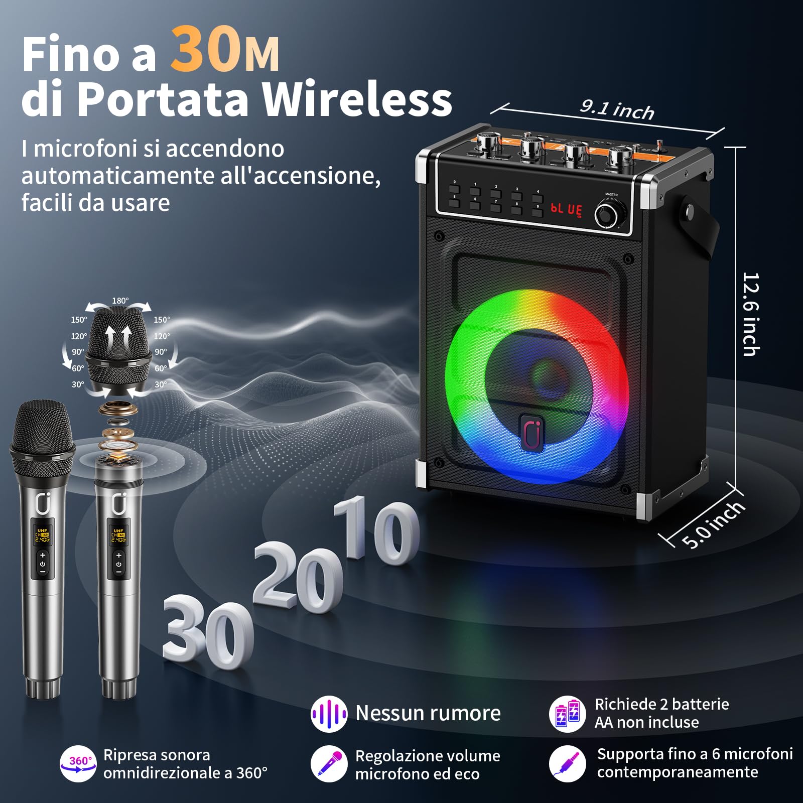 JYX Karaoke per Adulti, 380W Potenza Altoparlanti Karaoke Professionali con 2 Microfoni Wireless e Luci DJ Feste, Sistema PA Portatile Compatibile con TWS/AUX/FM/USB/TF/Radio FM/REC