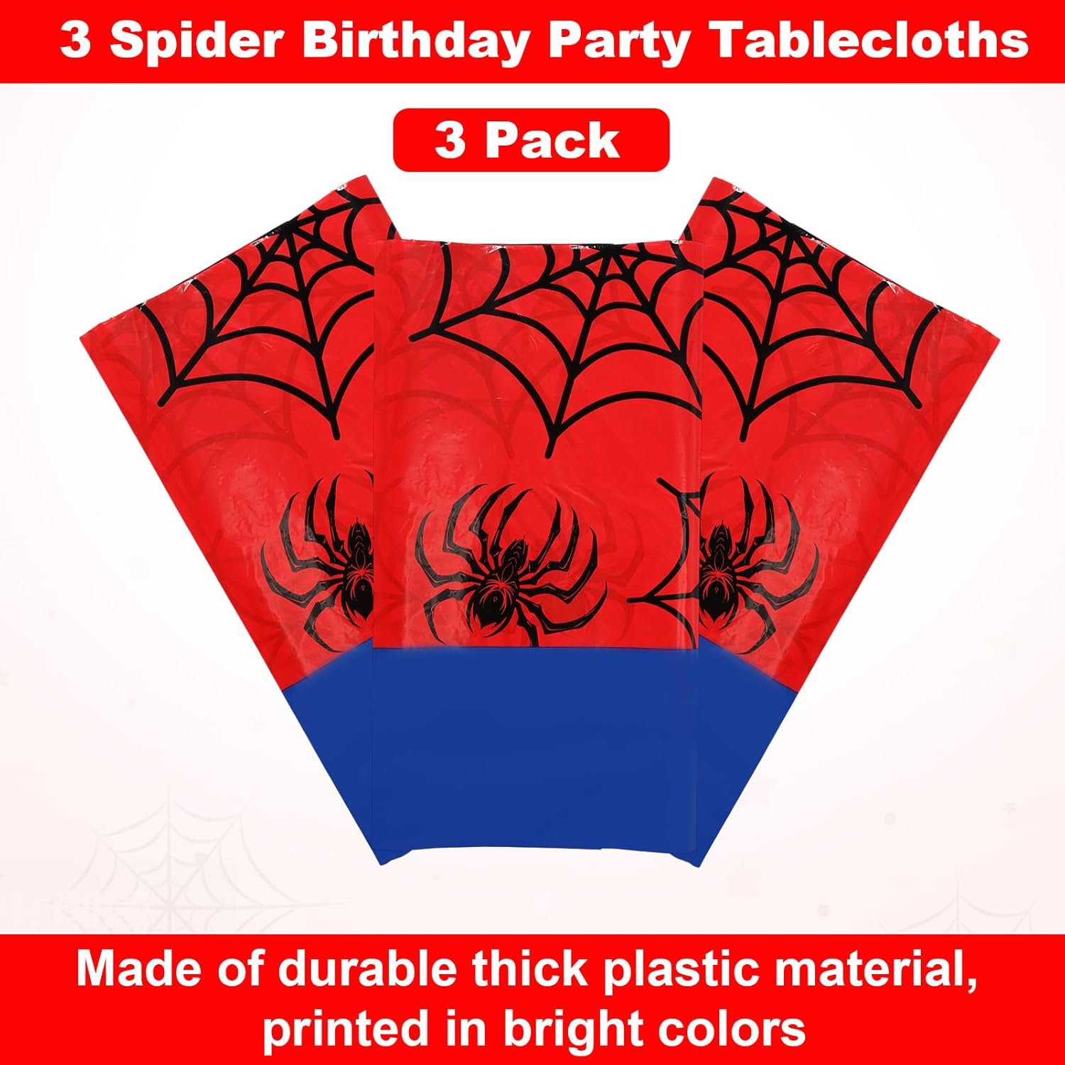 3pcs Spider Birthday Party Tablecloths, 54x108in Non-Reusable PE Material Blue and Red Spider Web Table Cover for Baby Shower Kids Themed Birthday Party Supplies