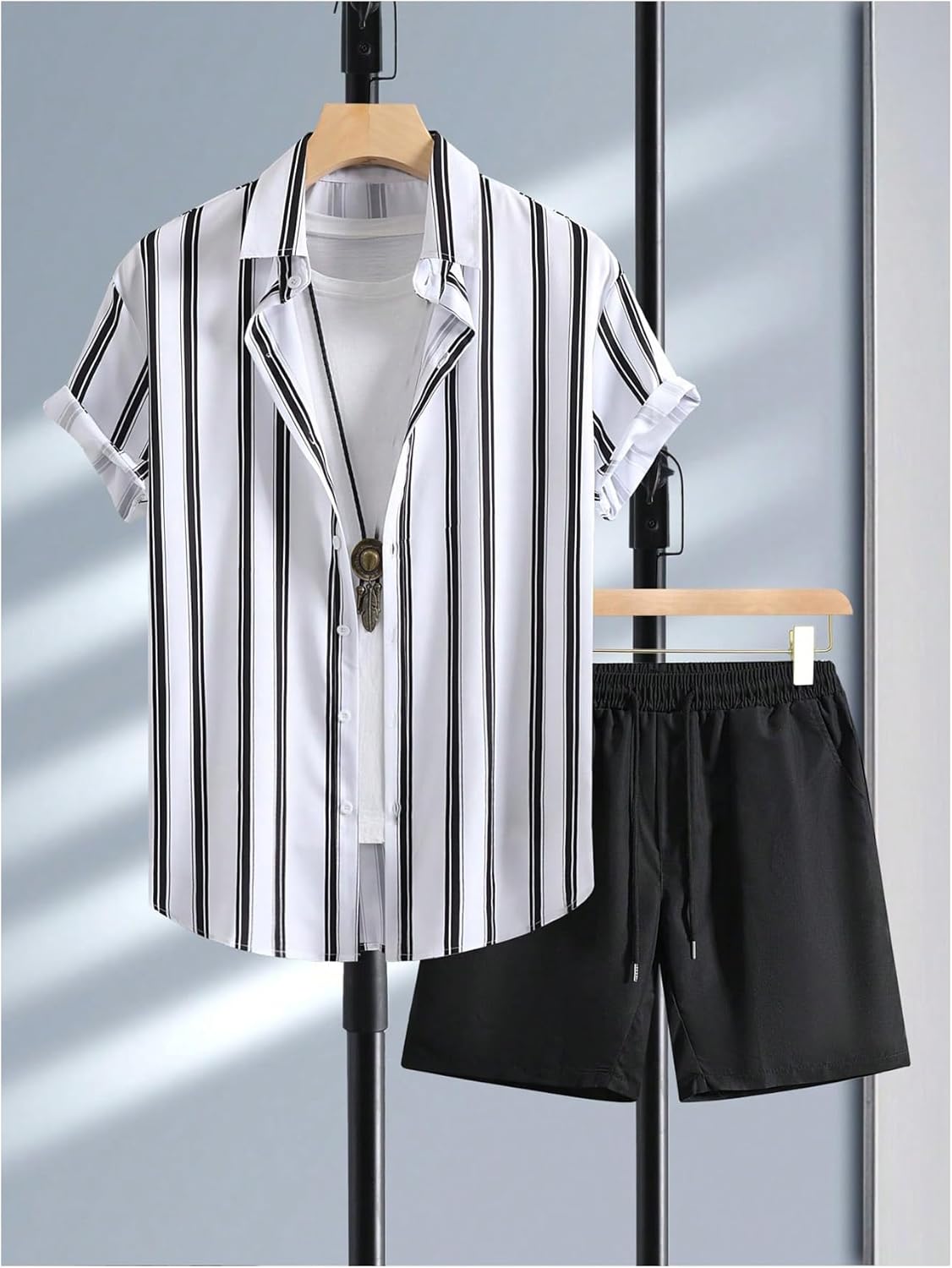 GORGLITTER Men's Vacation Outfits Striped 2 Piece Button Down Shirts and Shorts Summer Beach Set - Image 6