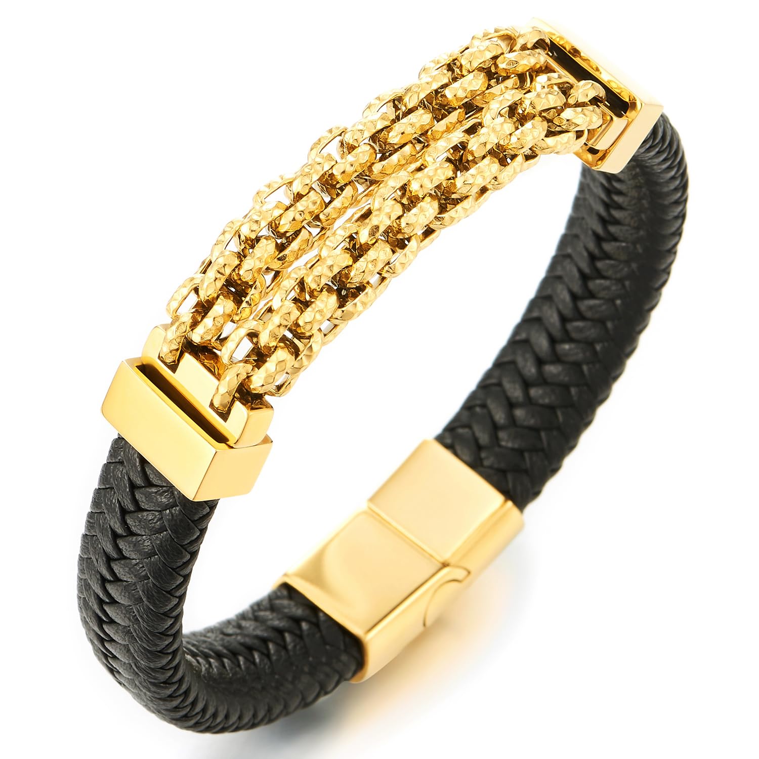 COOLSTEELANDBEYONDElegante Negro Cuero Trenzado Pulsera con Acero Inoxidable Tono de Oro Cadena Acentuado, para Hombre, Moda