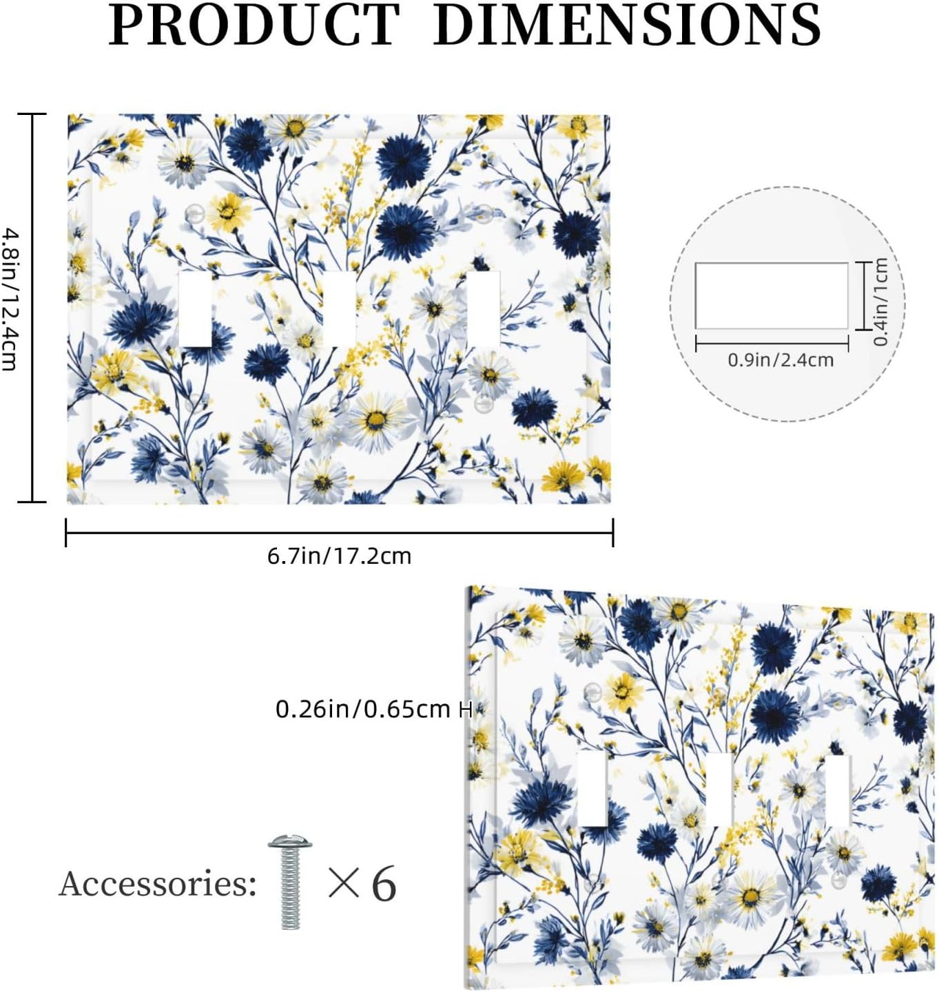 Decorative Light Switch Cover Plate Rustic Blue Flower Yellow Floral 3 Gang Wall Plates for Electrical Outlets Triple Toggle Switch Plate Covers Outlet Covers Faceplate for Country Home Decor