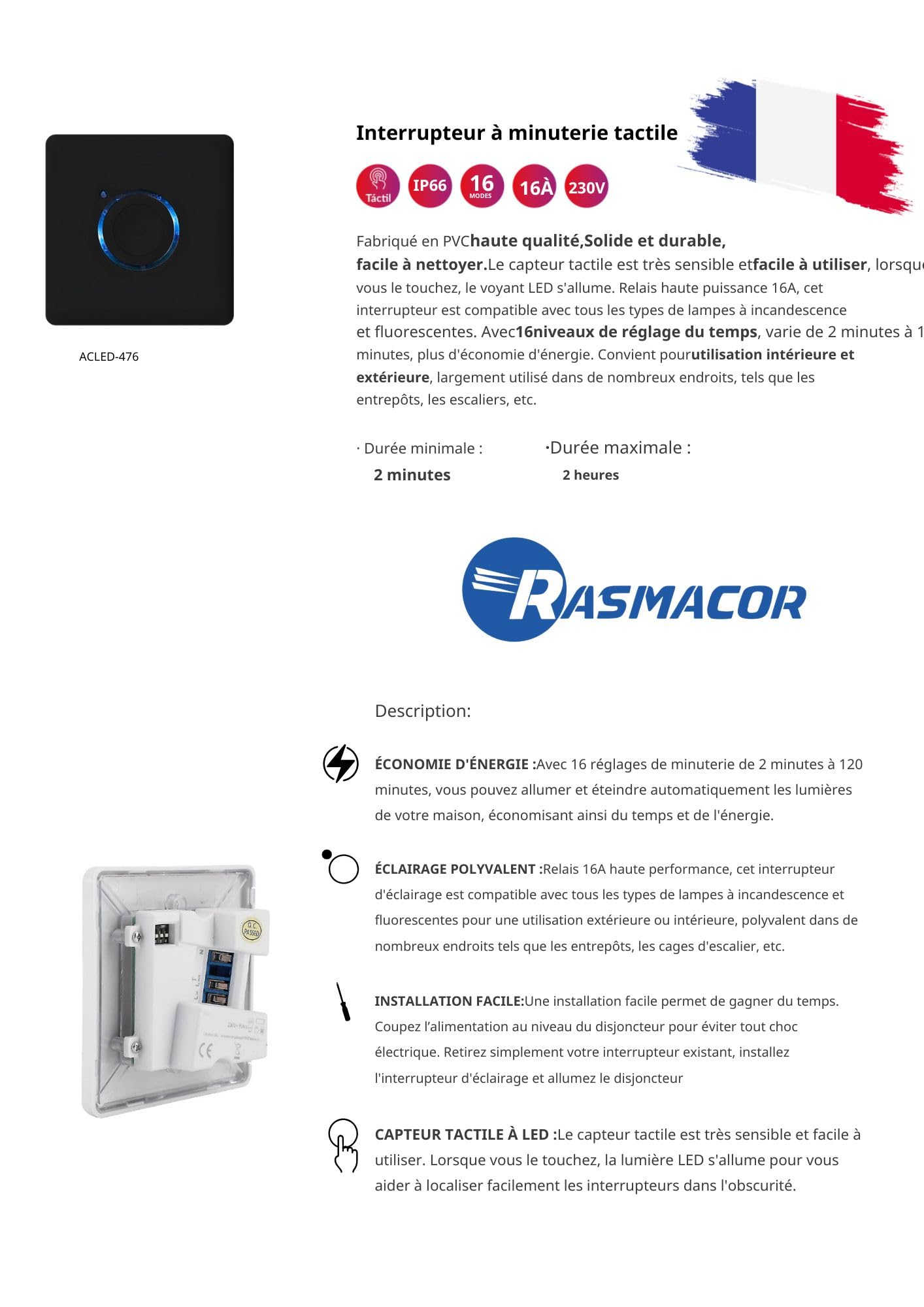 RASMACOR Minuteur Mural Tactile LED IP66, pour intérieur et extérieur, 16 Niveaux de réglage du Temps, 16 A, 230 V, durée réglable de 2 à 120 Minutes, Installation Facile (Noir)