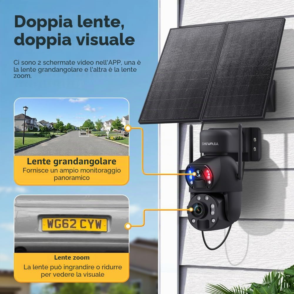 SHIWOJIA 3G/4G LTE Telecamera di Sorveglianza Solare con 20W Pannello Solare Batteria 20.000mAh, Doppia Lente, 36X Zoom, Visione Notturna Colore, Rilevamento Umano/Veicolo/Animale