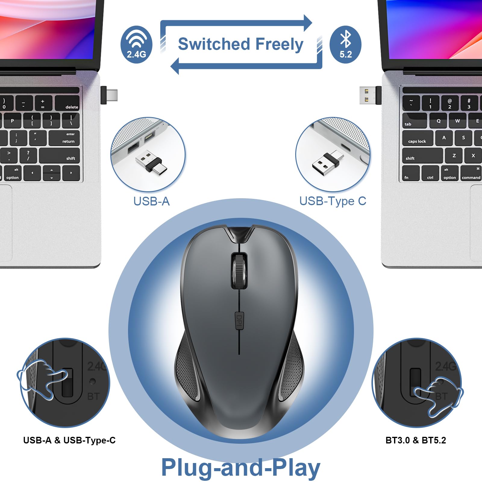 Ratón para MacBook, mouse inalámbrico Bluetooth, portátil, MacBook Air, Mac Pro, recargable, silencioso, PC, iPad, ratón óptico con interruptor de modo dual Jiggler, Bluetooth 5.2/3.0 y receptor USB