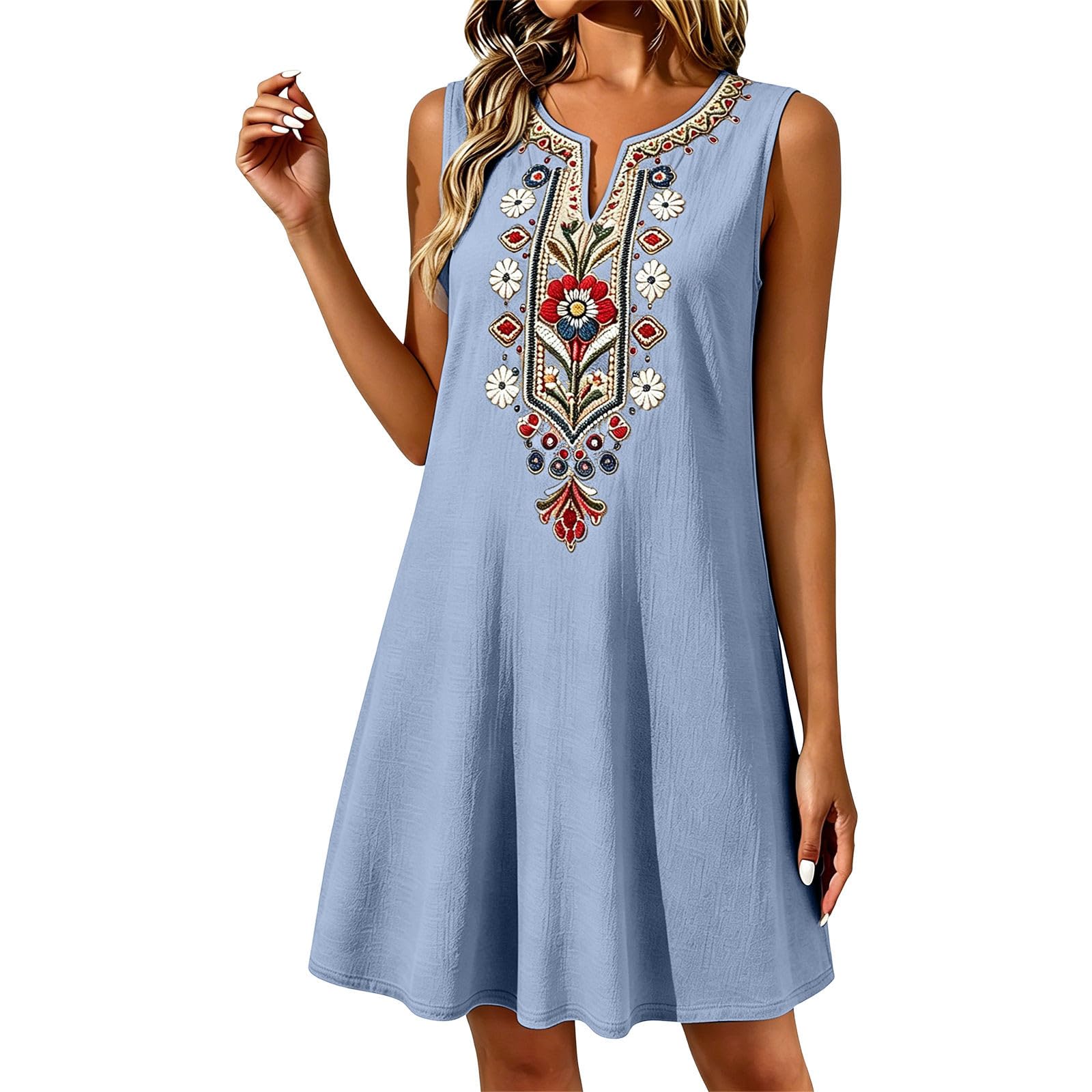 Vevpewshi Women's Boho Linen Dresses Sleeveless Embroidered V Neck Knee-Length Sundress with Pockets 2026 Summer Fashion Occation Dress for Women UK