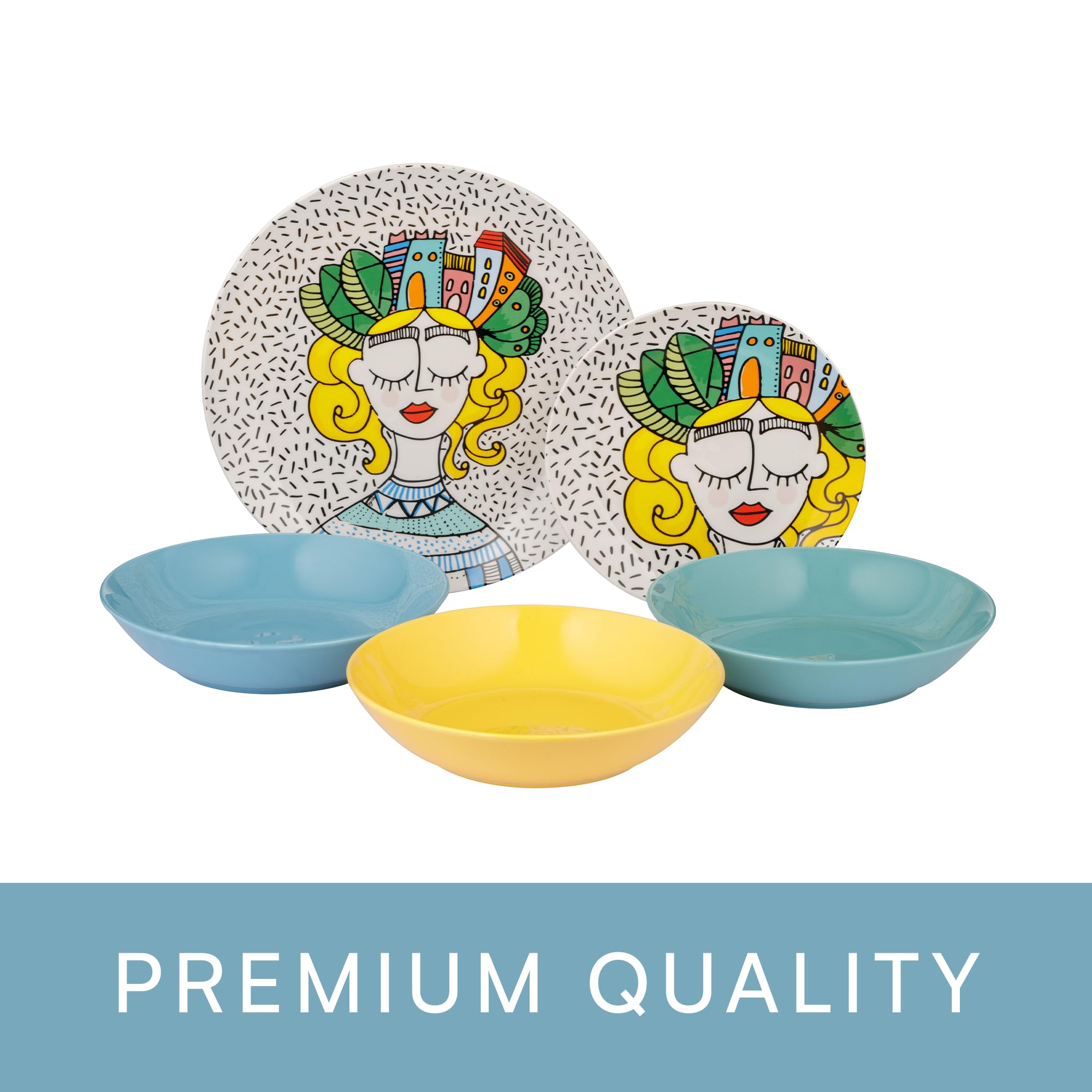 Baroni Home Juego de 18 Platos de porcelana y gres, Vajilla para 6 personas, Set Completo, Conjunto de Platos planos, hondos y platillos para postre (Fantasia City Girl)