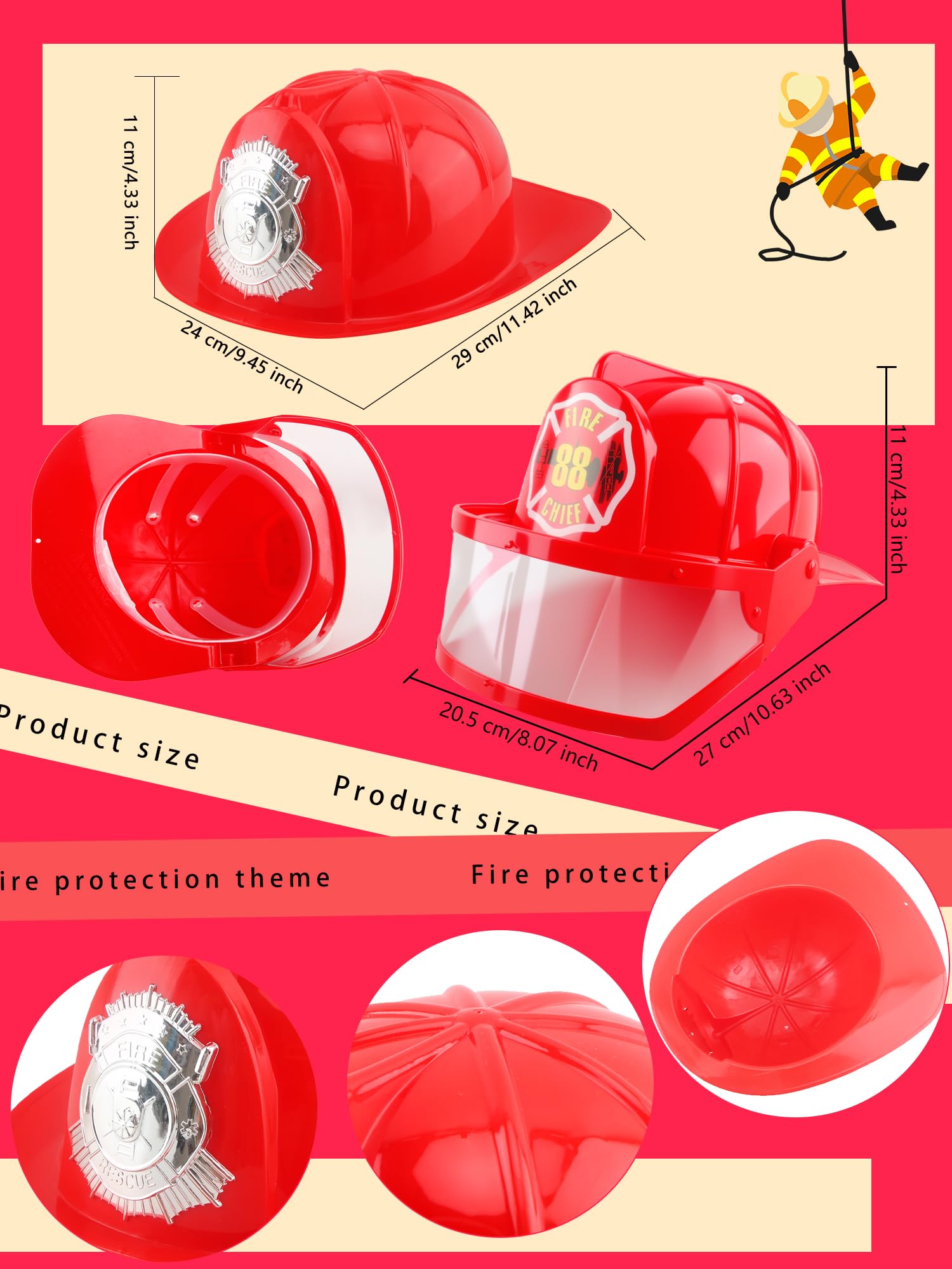 2 Pcs Kids Fire Hat Red Firefighter Hat Plastic Fireman Helmet Costume Accessory for Firefighter Cosplay Dress Up Party Favors