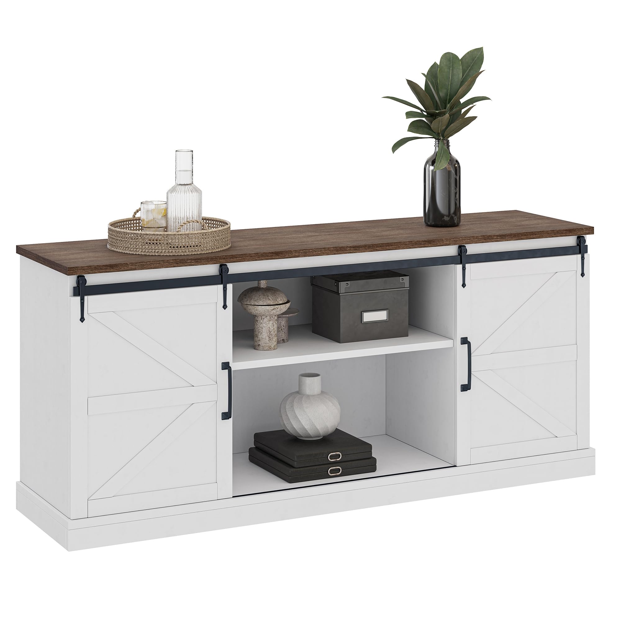 BELLEZE 014-HG-41000-WHT 58" 65", Sliding Barn Door Stand with Adjustable Side Shelves, Farmhouse Media Console Rustic Wood TV Cabinet, Home Entertainment Center with Storage-Truman (White)