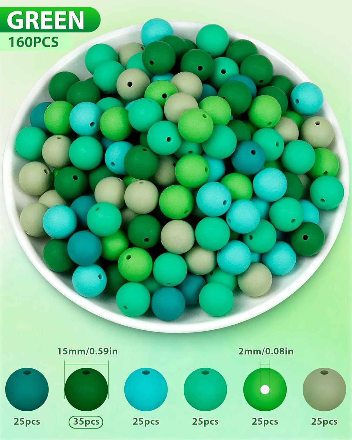 160PCS FIVEIZERO 15mm Silicone Beads for Keychain Making - Mixed Color Round Rubber Beads Bulk, DIY Craft Supplies for Bracelets Necklaces Pens(Green) - Image 2