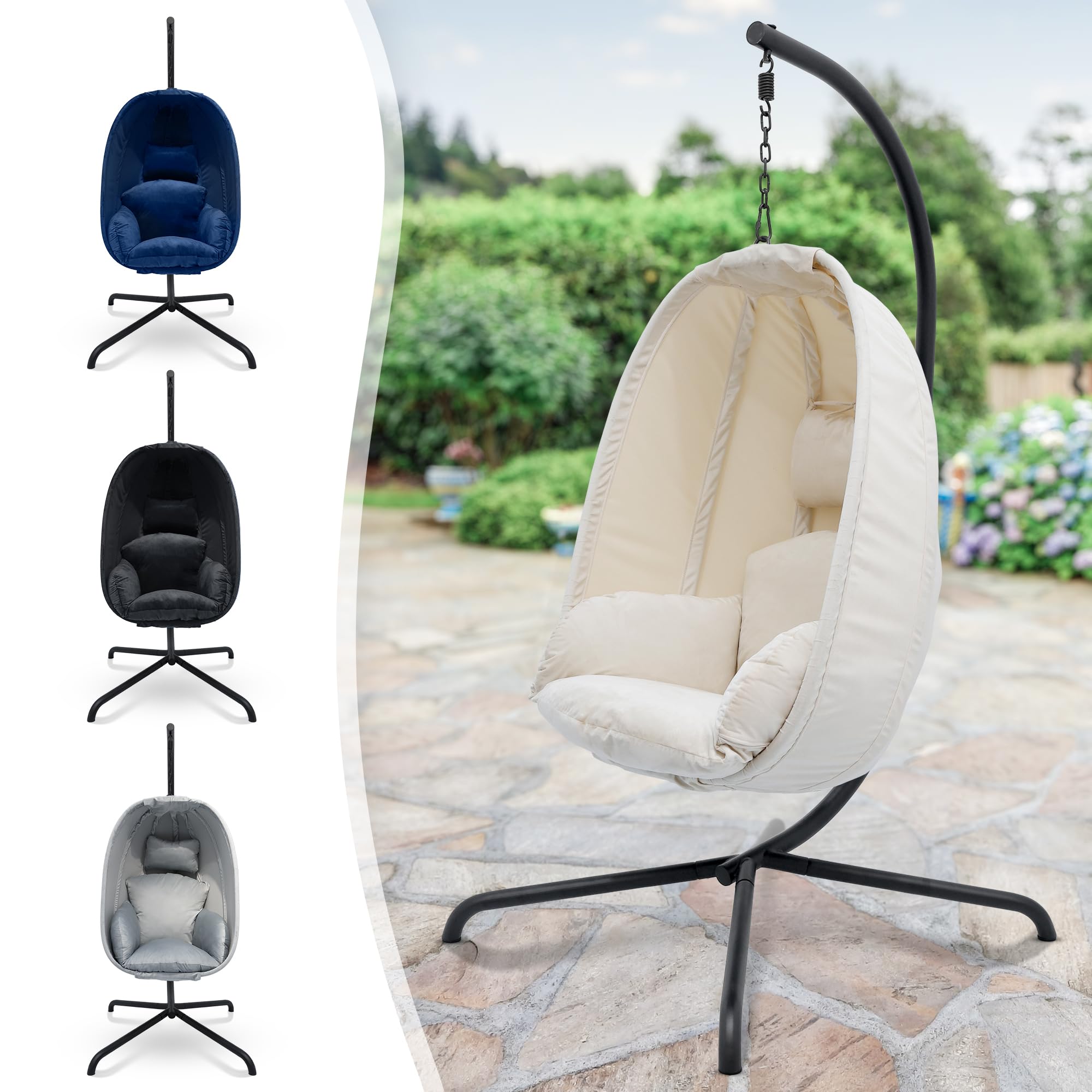 MIADOMODO® Fotel wiszący - ze stojakiem i poduszką, regulowana wysokość, żelazna rama, maks. obciążenie 160 kg - huśtawka wisząca kosz, wewnątrz/na zewnątrz, ogród, taras (Beżowy)