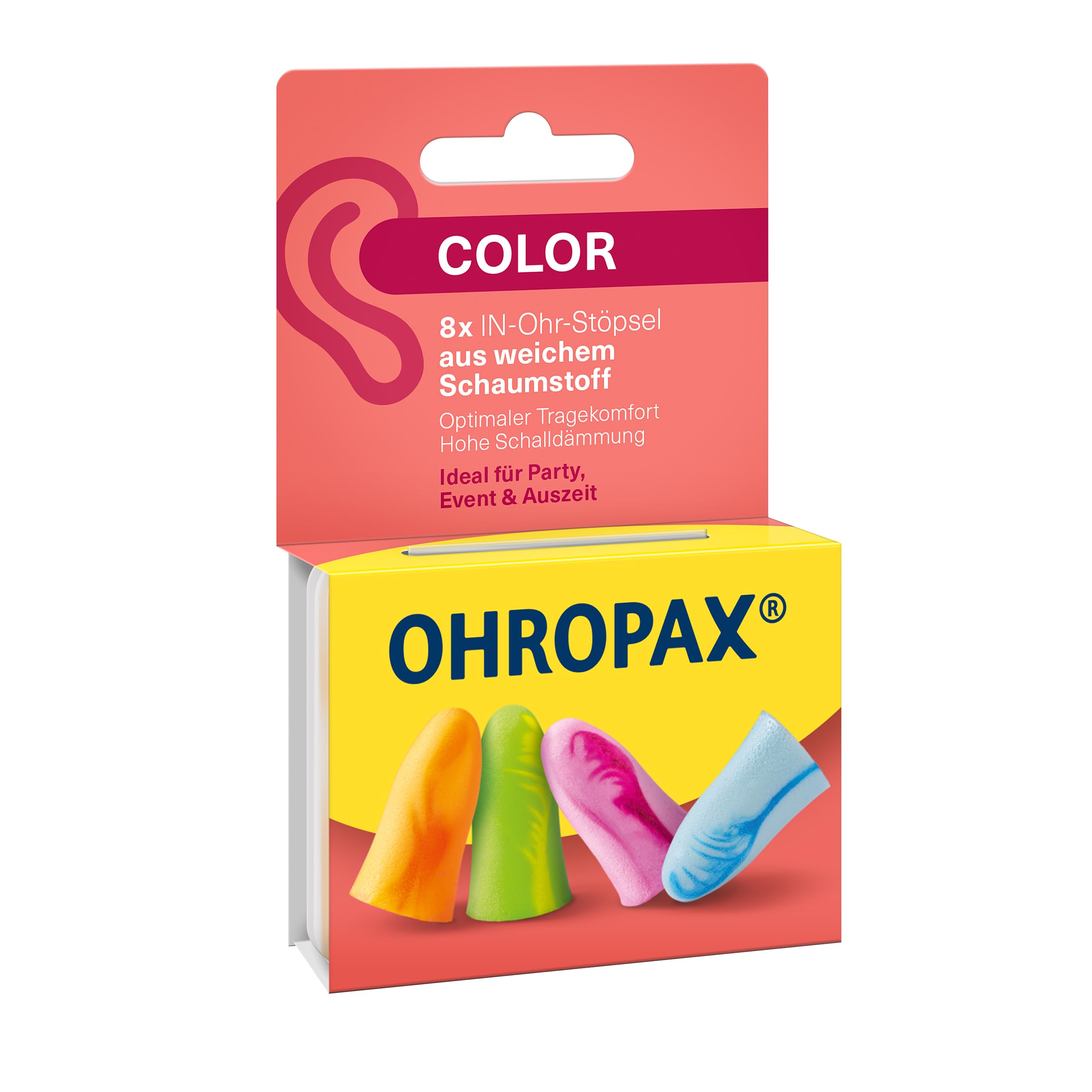 OHROPAX Color Ohrstöpsel – IN-Ohr-Stöpsel aus weichem Schaumstoff – besonders komfortabel auch bei langem Tragen – Schalldämmwert SNR 35 dB – ideal für Party Event und Auszeit – 8 Stück