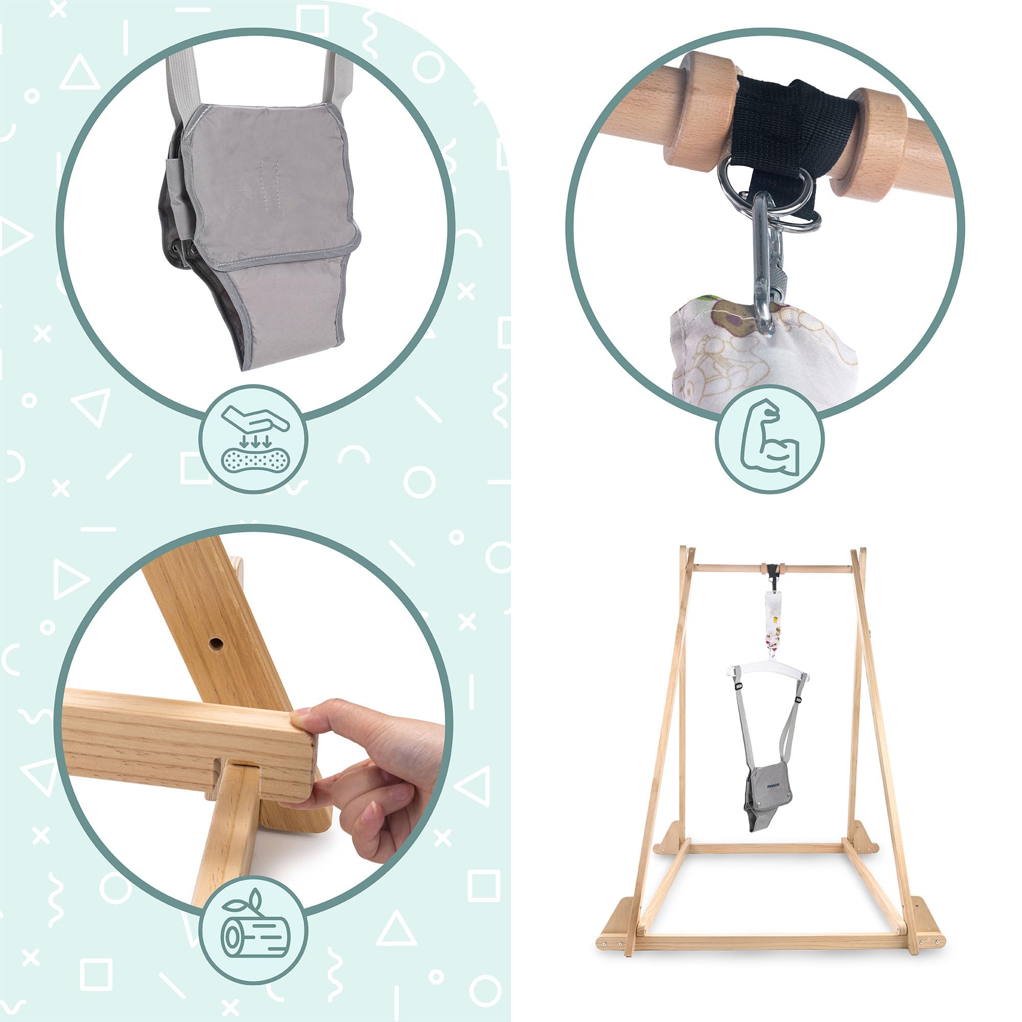 Mamabrum Sauteur Bébé en Bois avec Siège Réglable et Structure Pliable, Cadre en Bois, Double Fermeture de Sécurité, Gris, pour Enfants de 6 à 30 Mois