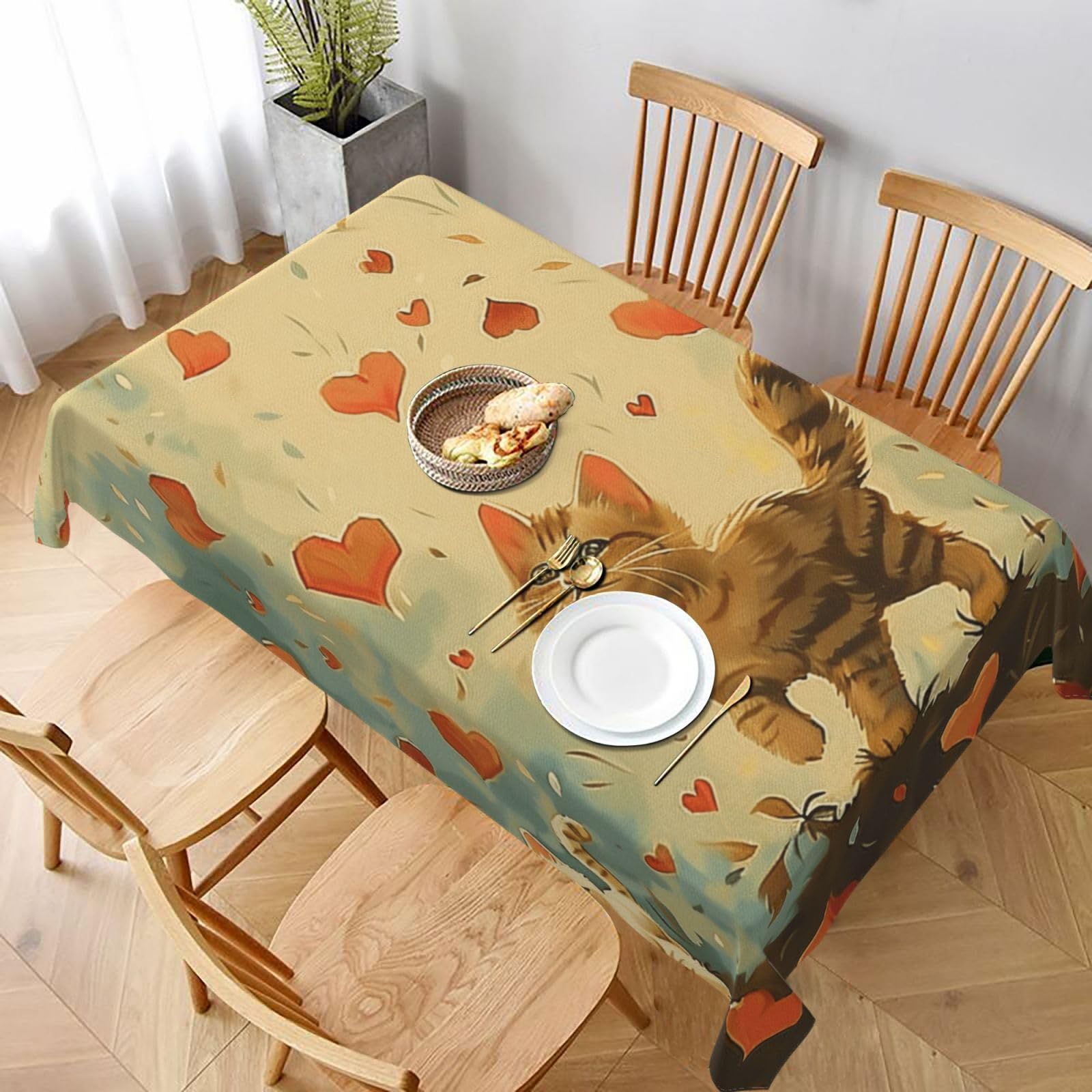 WPKJU Happy Walking Kitty Printed Tablecloth 60x90 in Water Resistant Table Cover Washable Rectangle Table Cloth for Dining Tables