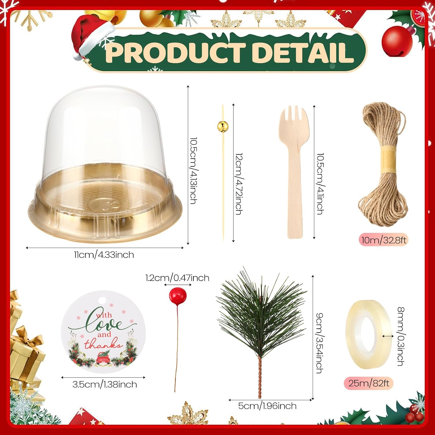 Teenyyou 50 Sets Christmas Charcuterie Cups with Lids Clear Plastic Cupcake Container Gold Cocktail Picks Appetizer Disposable Wooden Forks Thanks Tags Pine Branches for Wedding Dessert Display