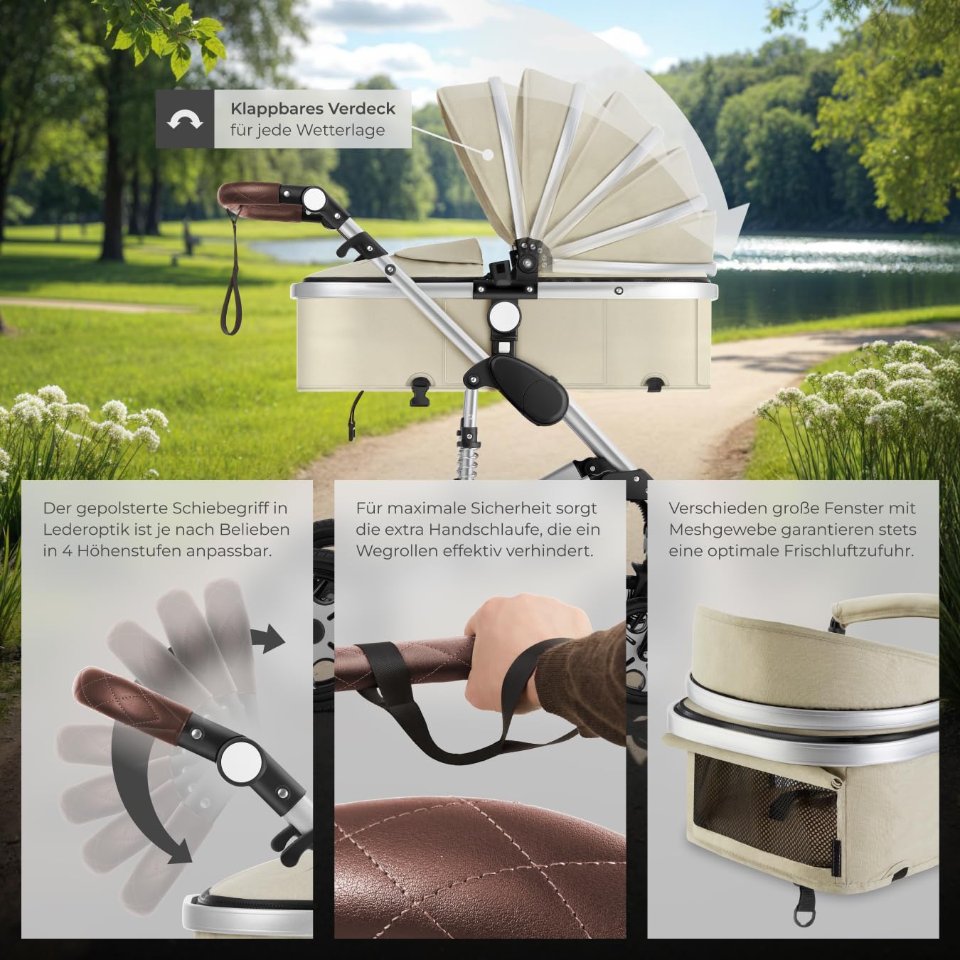 tectake 2 in 1 Kinderwagen klappbarer Buggy mit Liegefunktion Grau Beige
