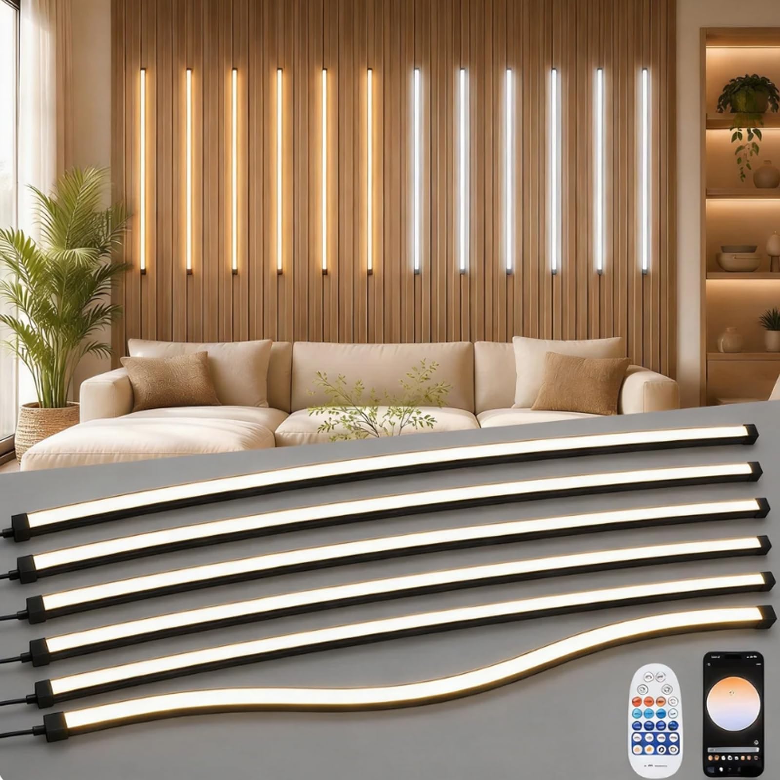 Akustikpaneele Beleuchtung, Dimmbare Zuschneidbar Eingebetteter LED 6 x 100cm 2700K-6500K Warmweiß bis Kaltweiß LED Streifen Unterstützt Fernbedienung Anpassung von Farbe Helligkeit App Steuerung